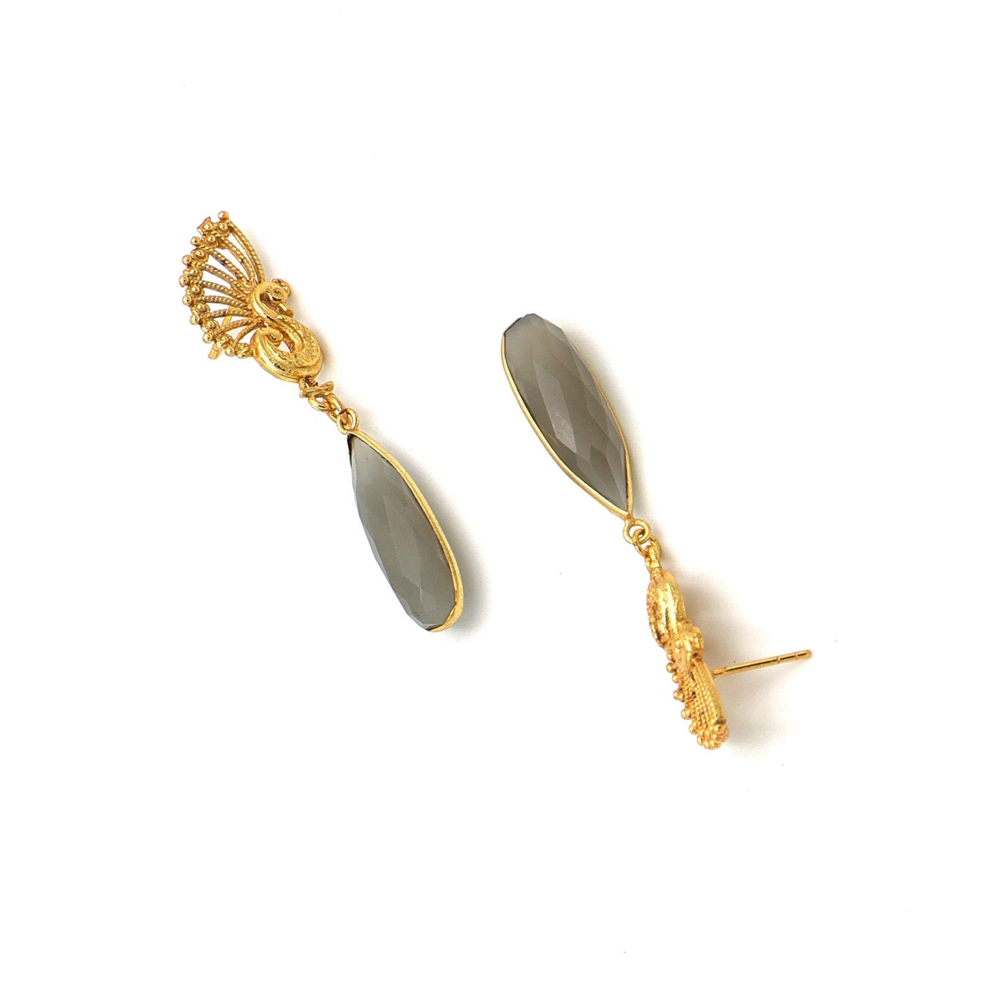 DuaGreyMoonstonePeacockEarrings_HandcraftedGold