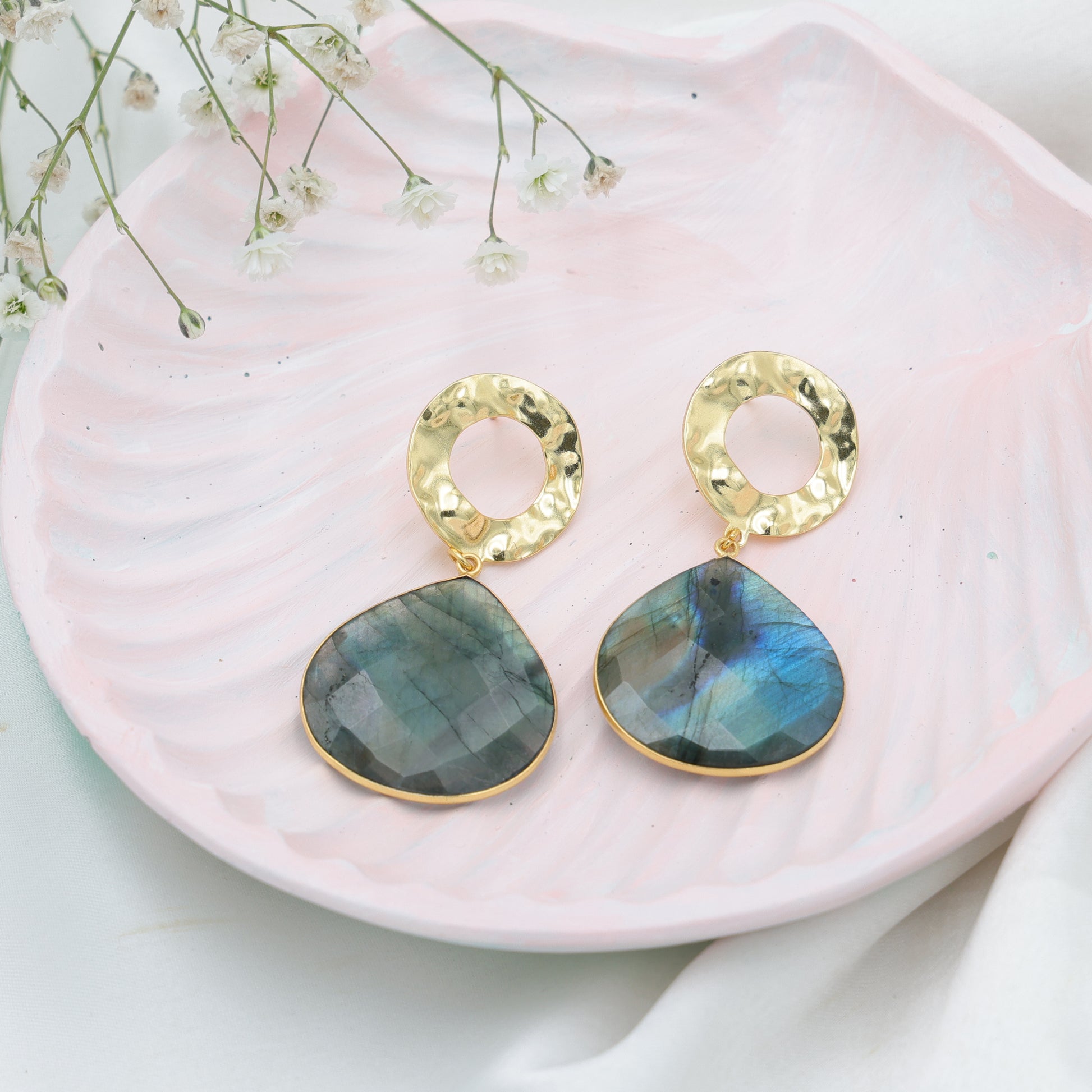 Dua Labradorite Heart Earrings – Handmade Gold-Plated Statement Jewelry - Dua Online