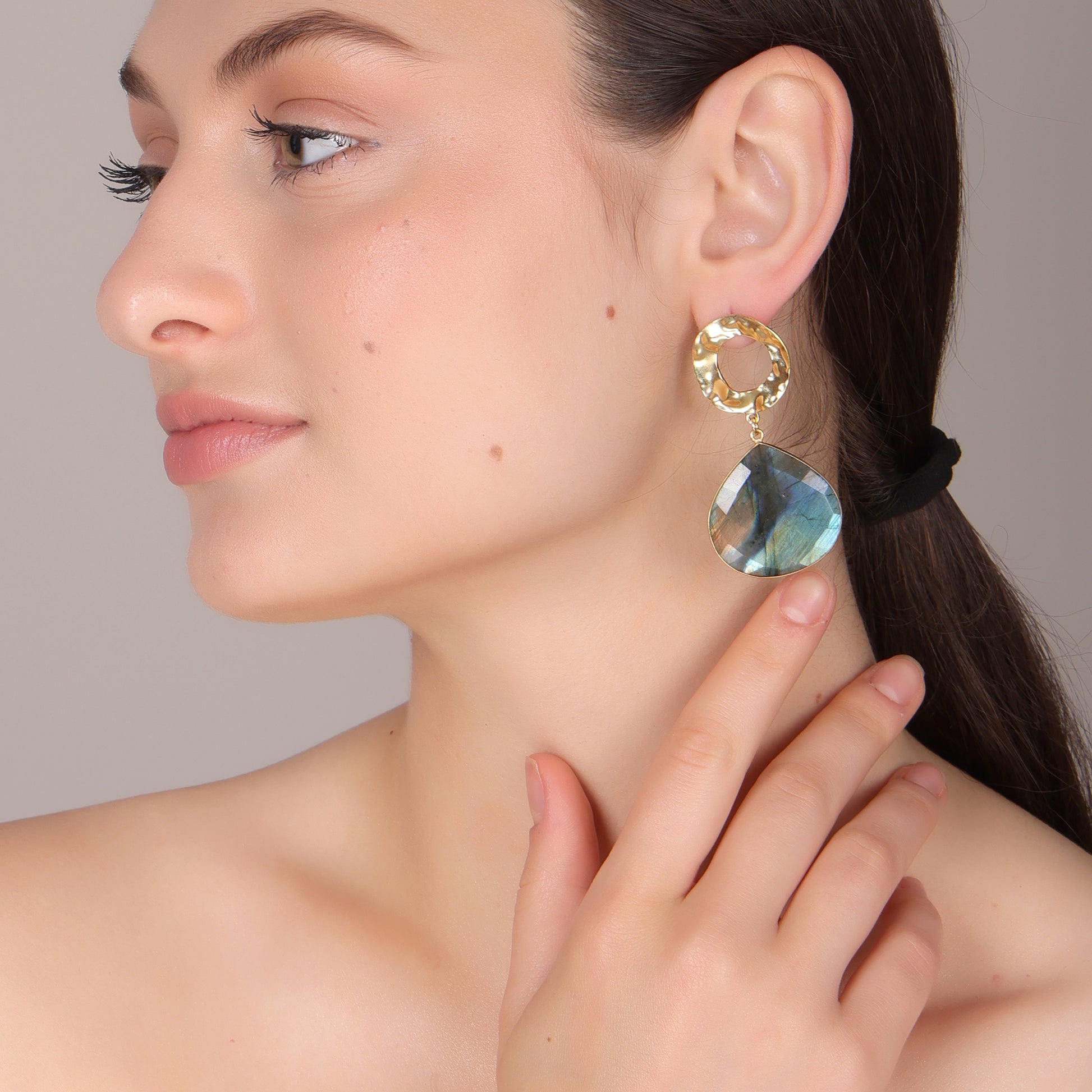 Dua Labradorite Heart Earrings – Handmade Gold-Plated Statement Jewelry - Dua Online