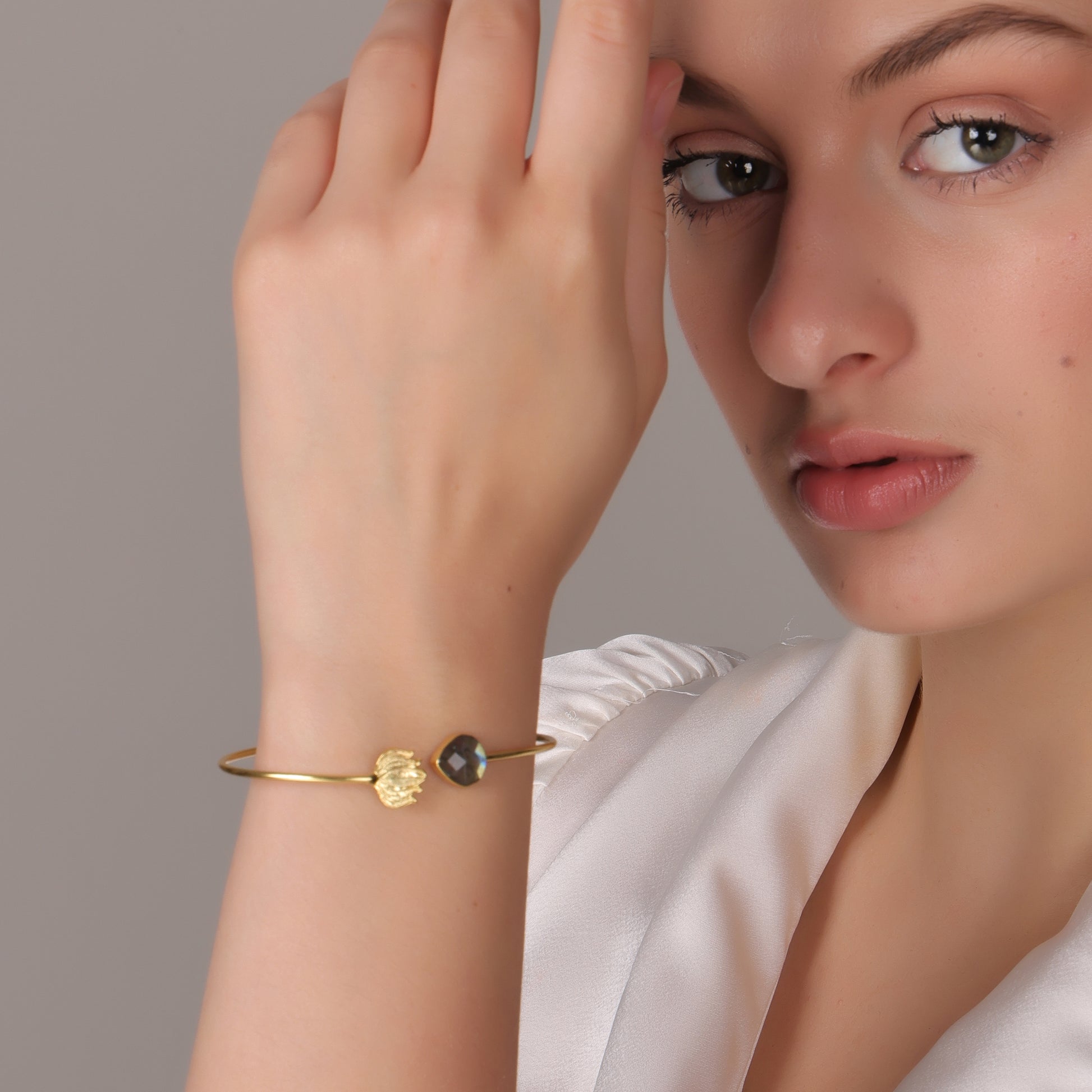 Dua Labradorite Lotus Bangle – Elegant Grey Gold-Plated Gemstone Bracelet - Dua Online