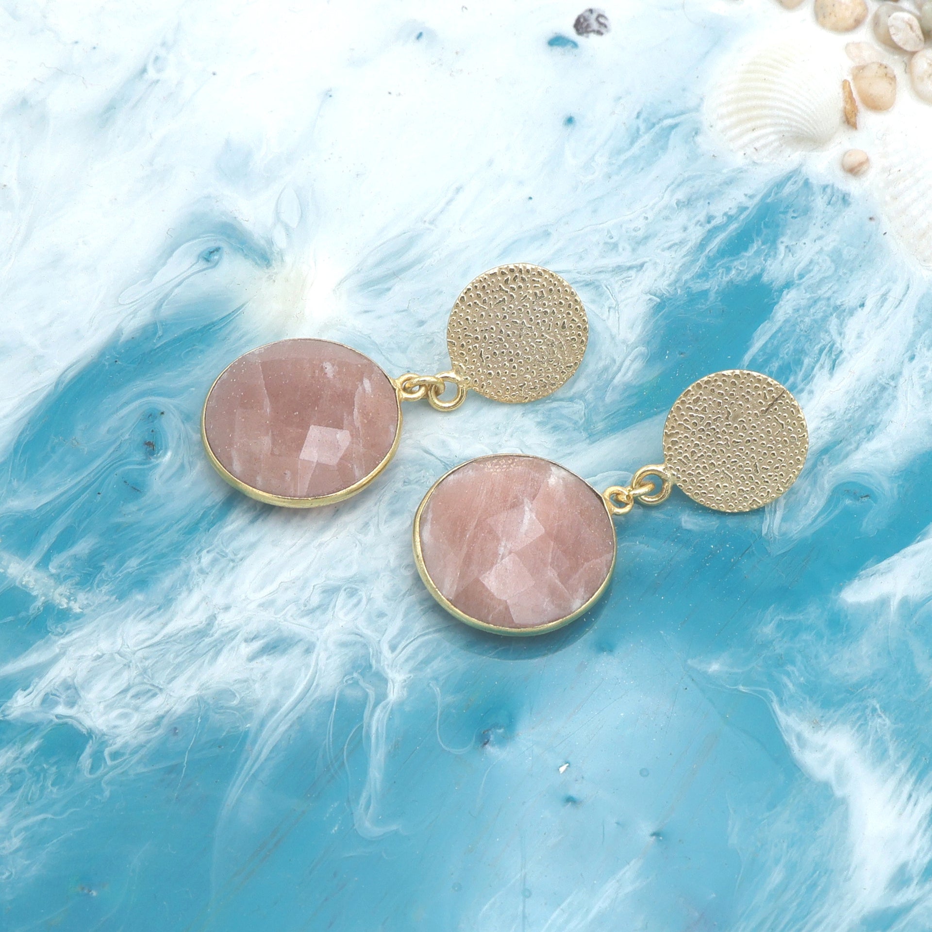 Dua Peach Moonstone Gold-Plated Earrings – Elegant Handcrafted Minimalist Jewelry for Women