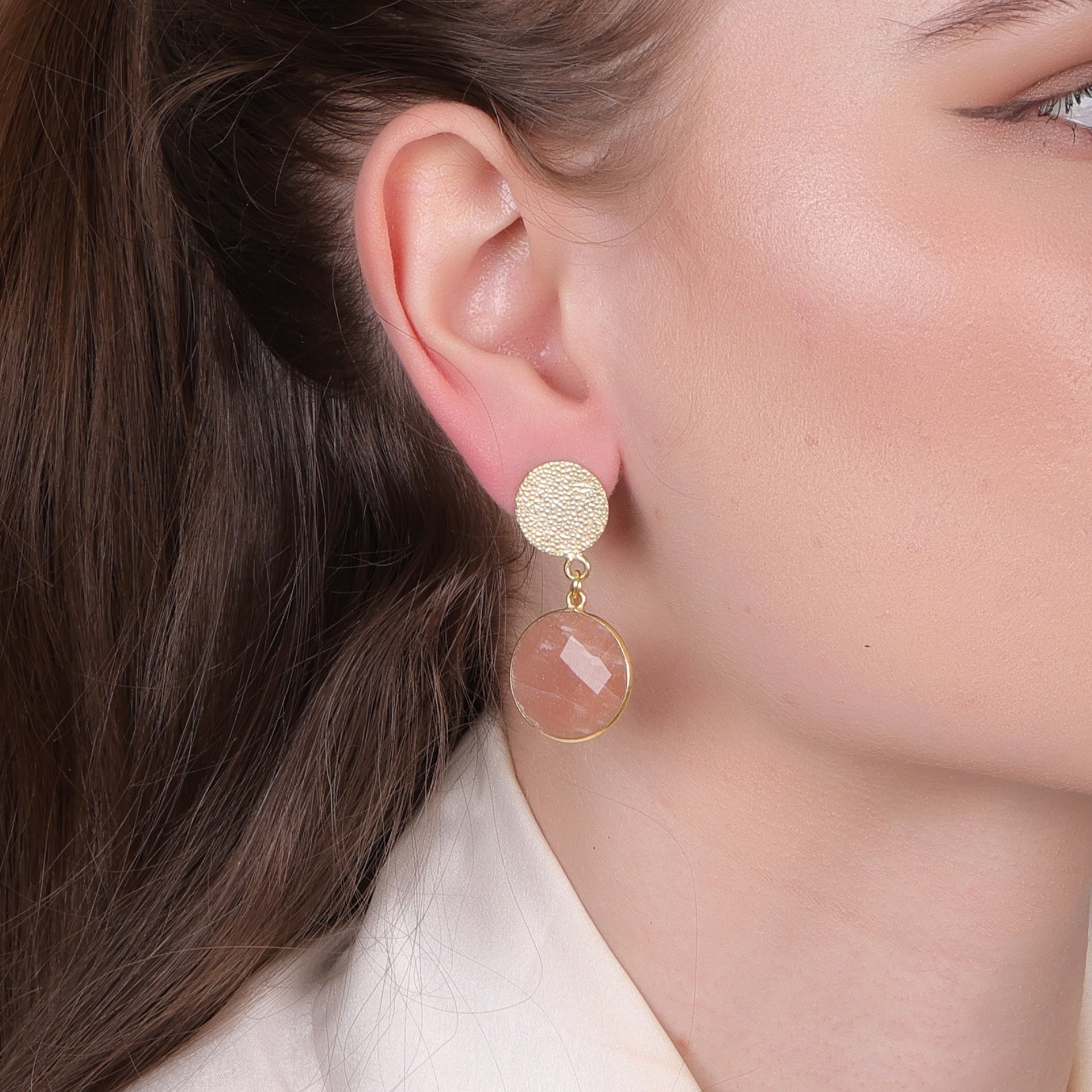 Dua Peach Moonstone Gold-Plated Earrings – Elegant Handcrafted Minimalist Jewelry for Women