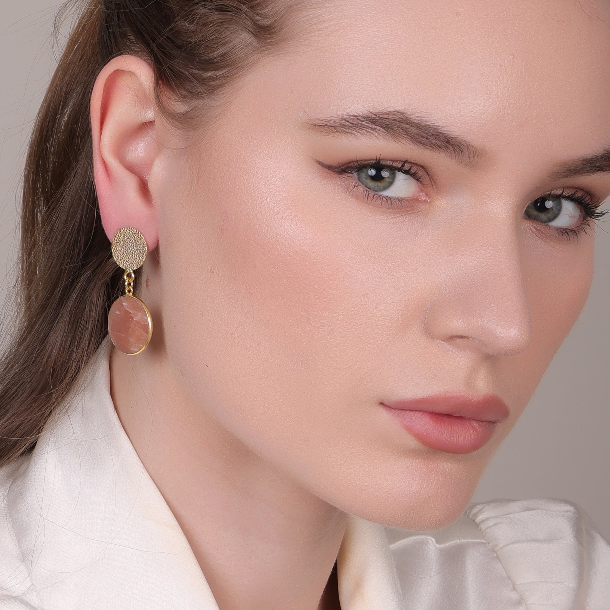 Dua Peach Moonstone Gold-Plated Earrings – Elegant Handcrafted Minimalist Jewelry for Women