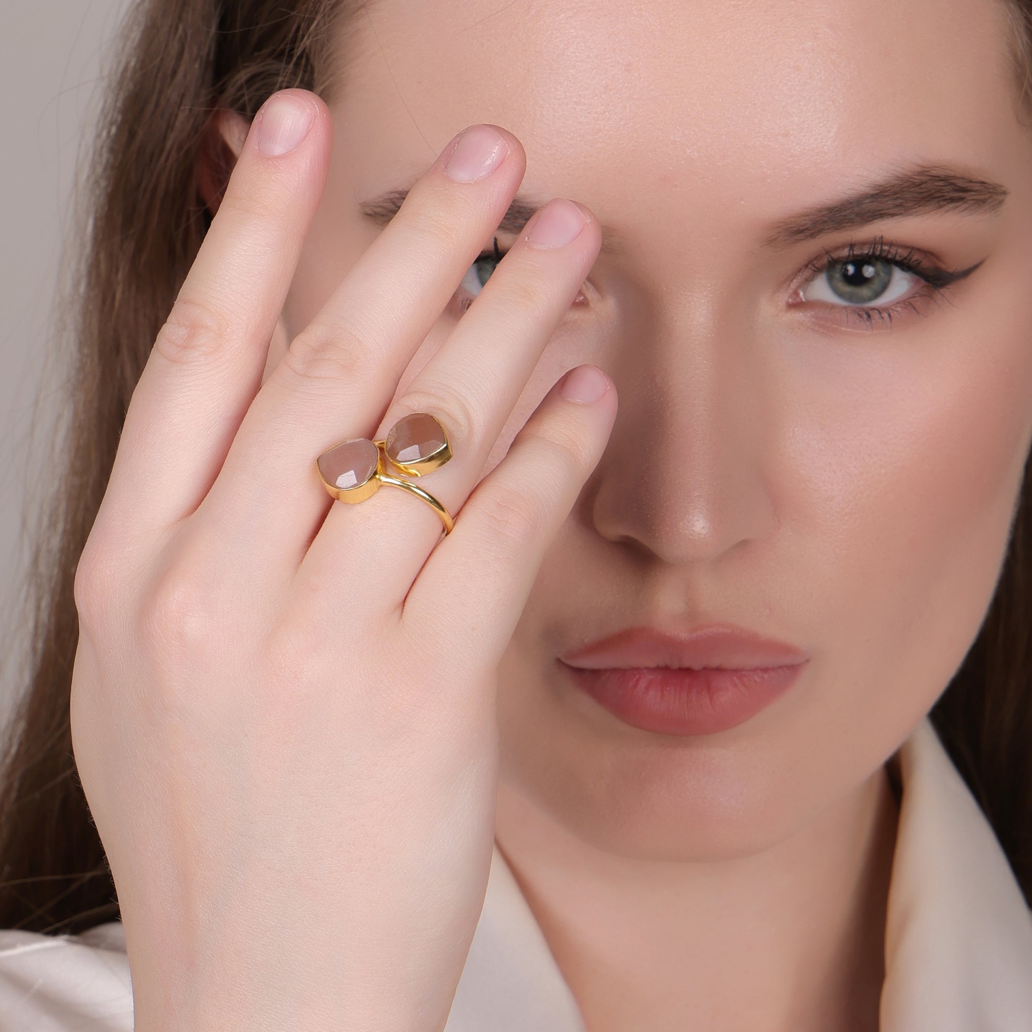 Dua Peach Moonstone Heart Ring | Elegant Gold Plated Adjustable Ring