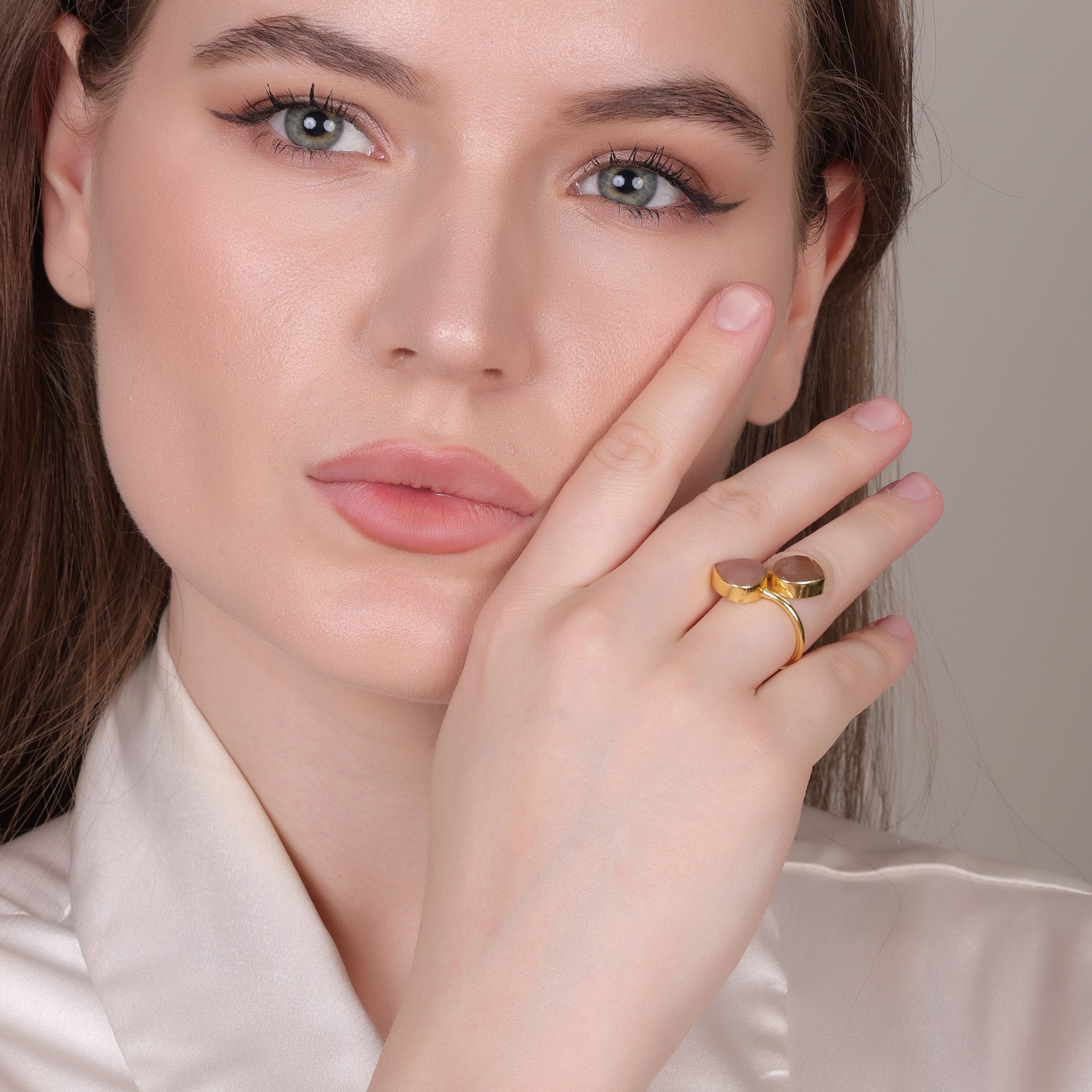 Dua Peach Moonstone Heart Ring | Elegant Gold Plated Adjustable Ring