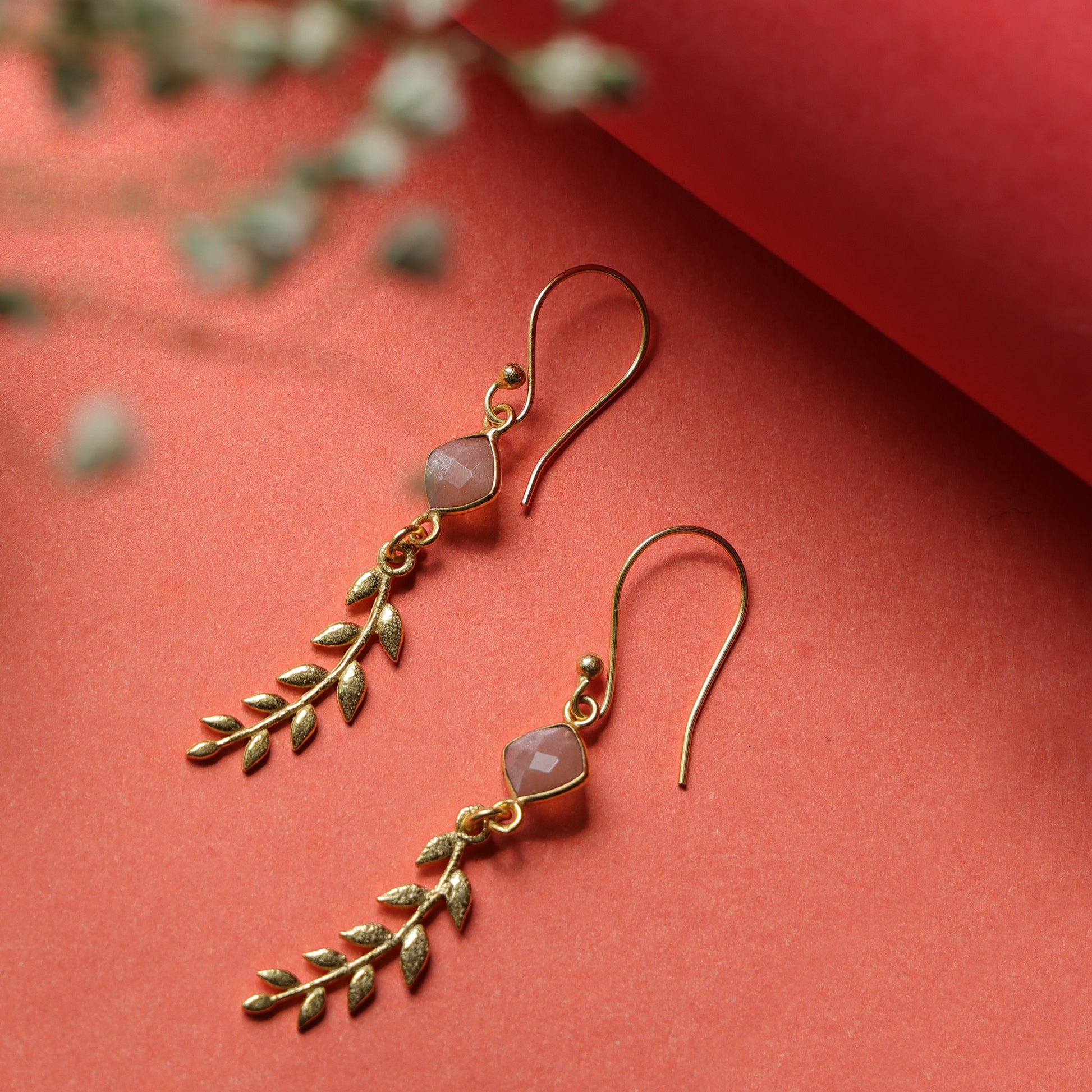 DuaPeachMoonstoneLeafEarrings_HandmadeGold-PlatedElegantJewelry