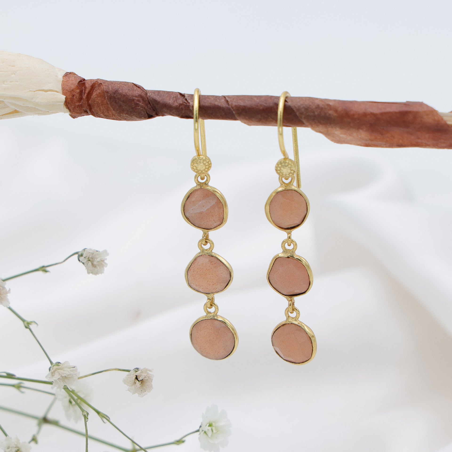 DuaPeachMoonstoneUnshapeEarringsHandmadeGoldPlatedElegantJewelry