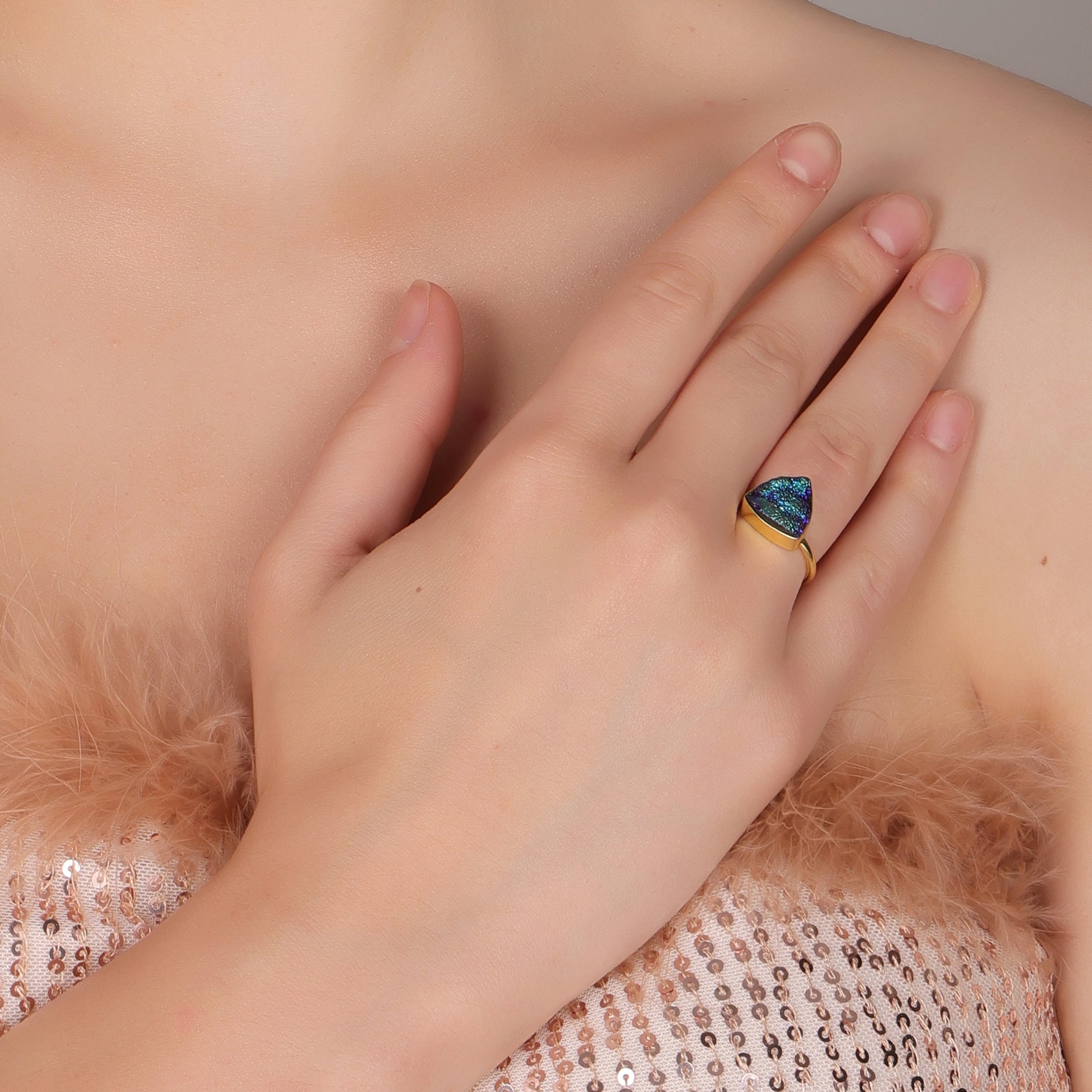 Dua Peacock Drusy Trillion Ring – Unique Multicolor Gemstone Statement Jewelry - Dua Online