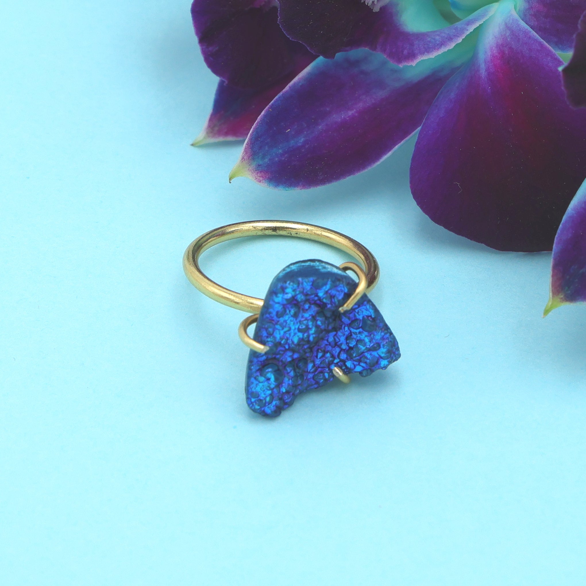 Dua Peacock Druzy Gold-Plated Adjustable Ring – Artistic Boho Jewelry for Women