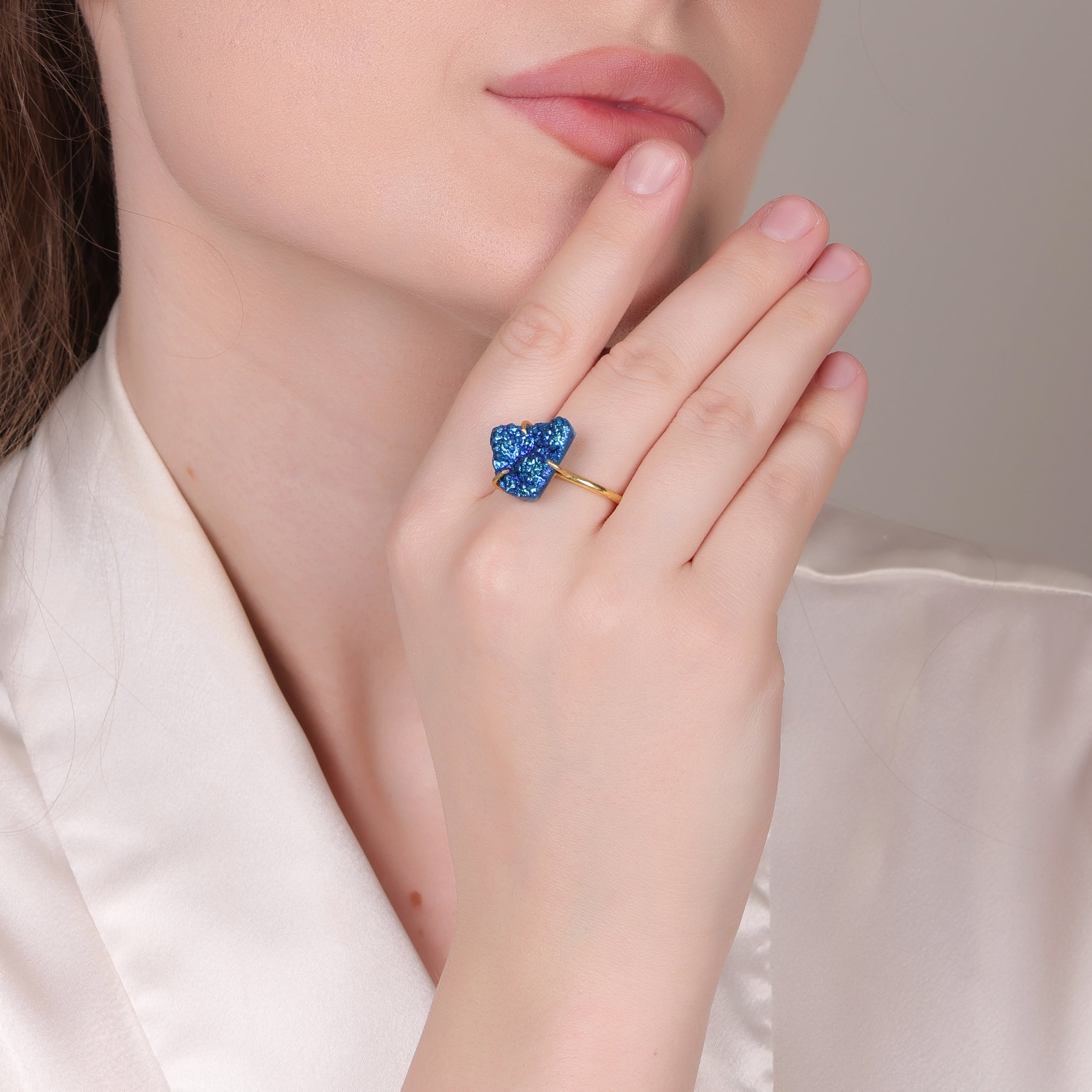 Dua Peacock Druzy Gold-Plated Adjustable Ring – Artistic Boho Jewelry for Women