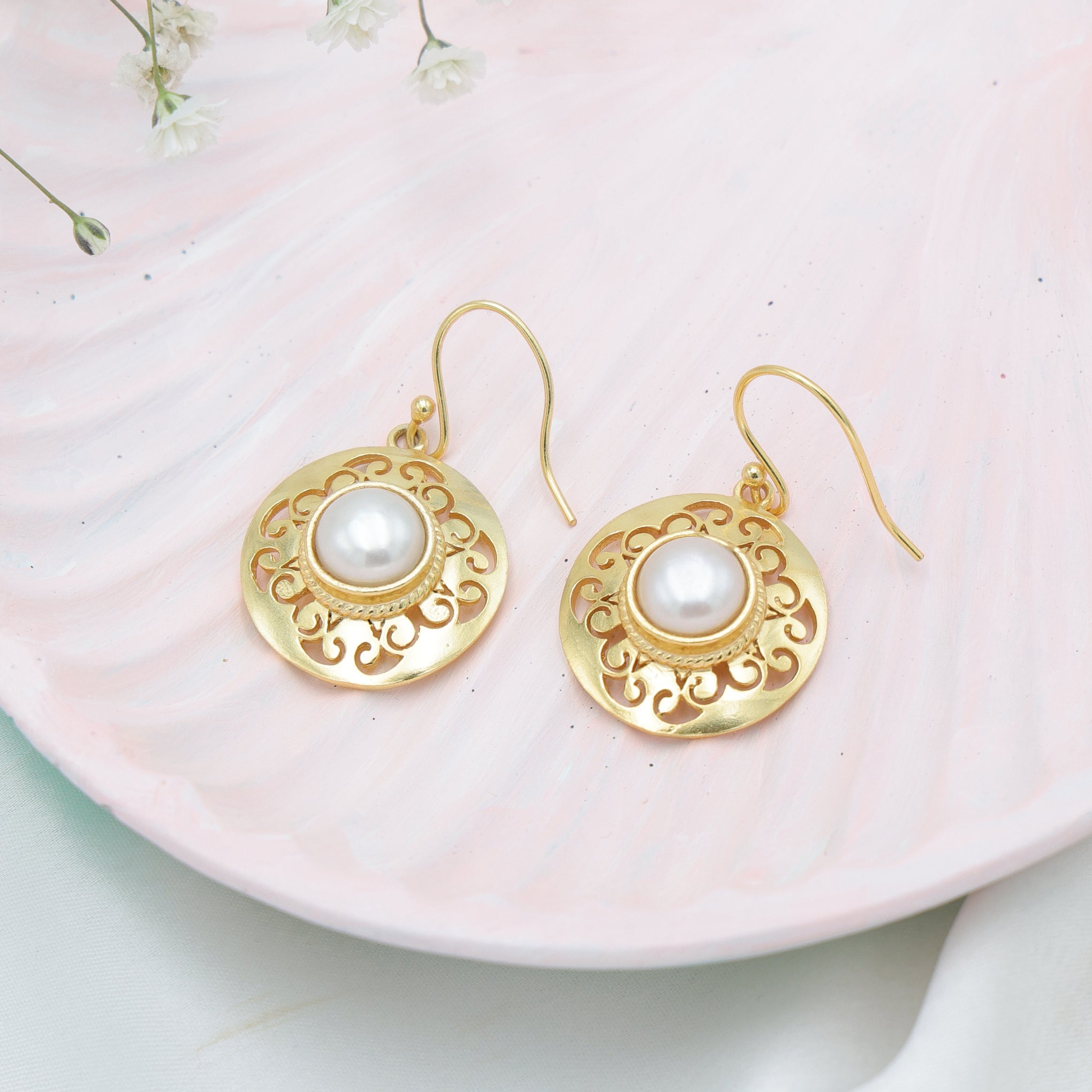 Dua Pearl Flower Earrings – Gold-Plated Handcrafted Elegant Jewelry - Dua Online