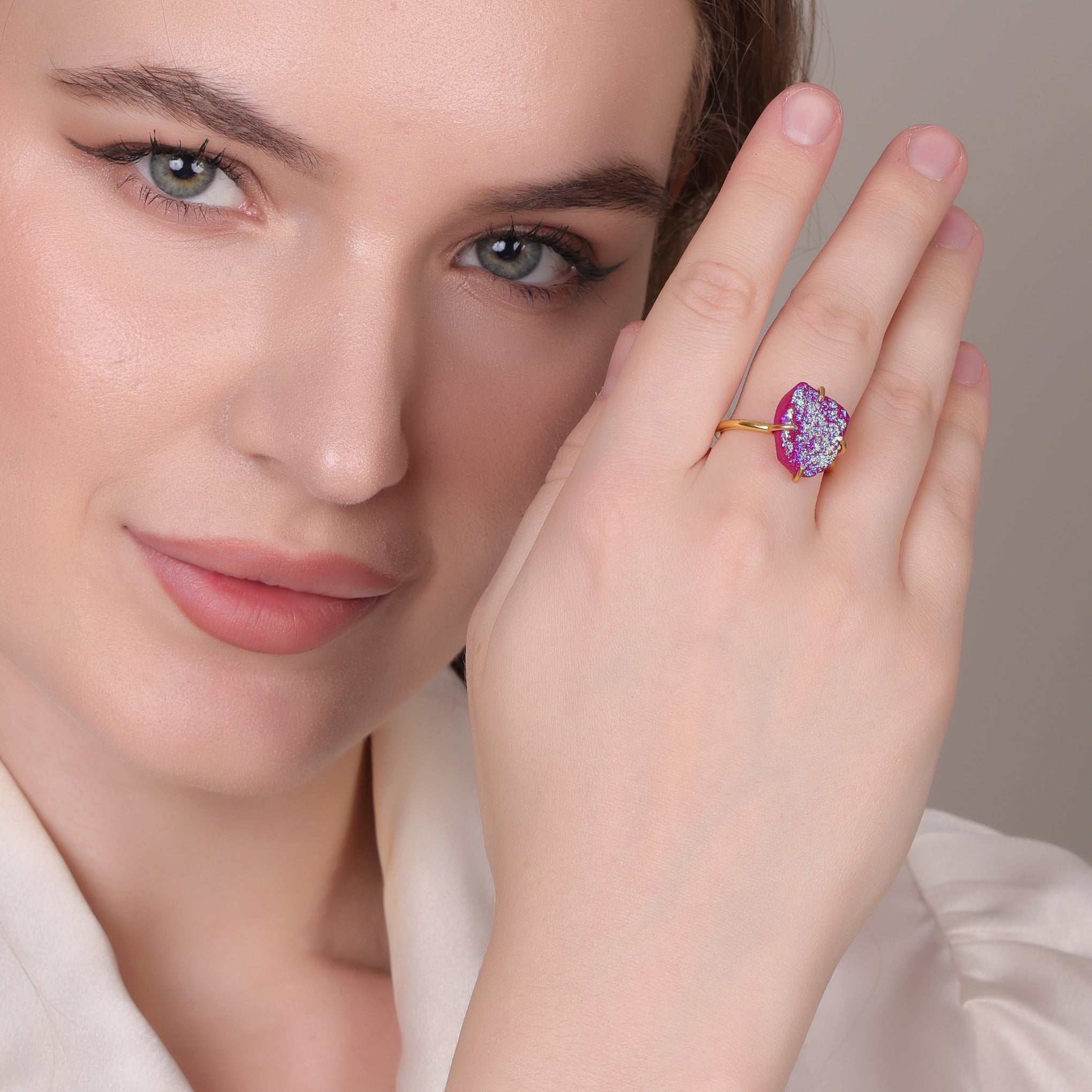 Dua Pink Druzy Gold-Plated Adjustable Ring – Minimalist Handcrafted Jewelry for Women