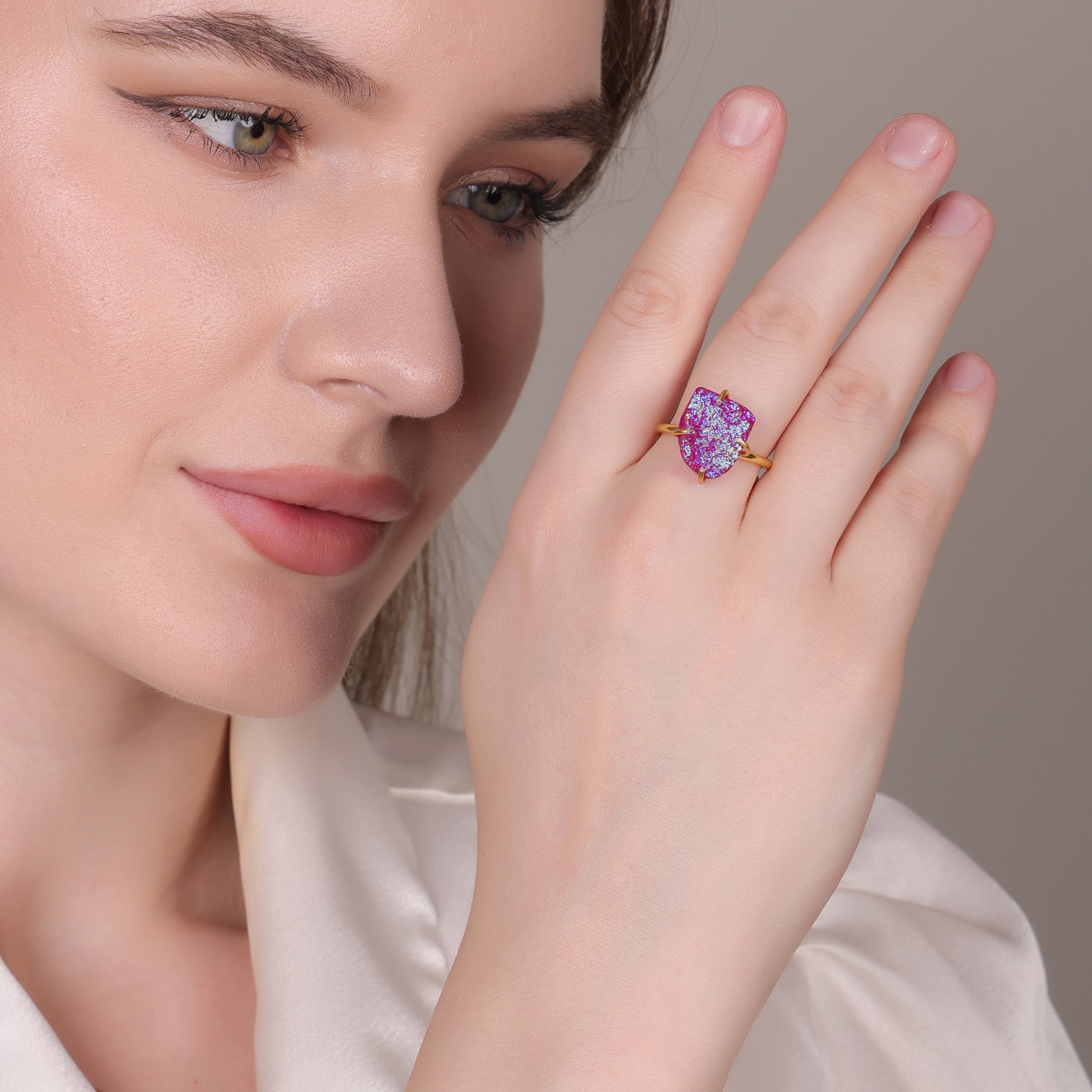 Dua Pink Druzy Gold-Plated Adjustable Ring – Minimalist Handcrafted Jewelry for Women