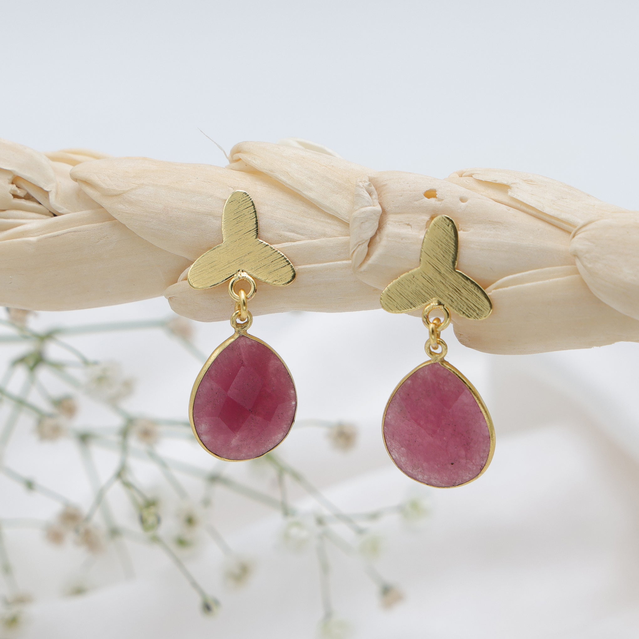 Dua Pink Jade Flower Earrings – Handmade Gold-Plated Elegant Jewelry - Dua Online