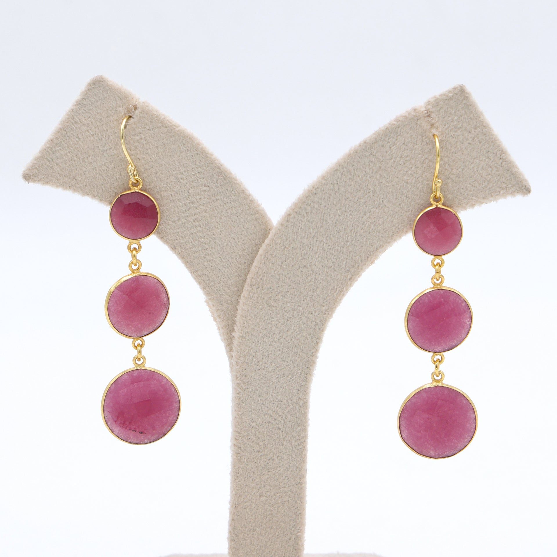 Dua Pink Jade Triple Earrings – Gold-Plated Handcrafted Jewelry - Dua Online