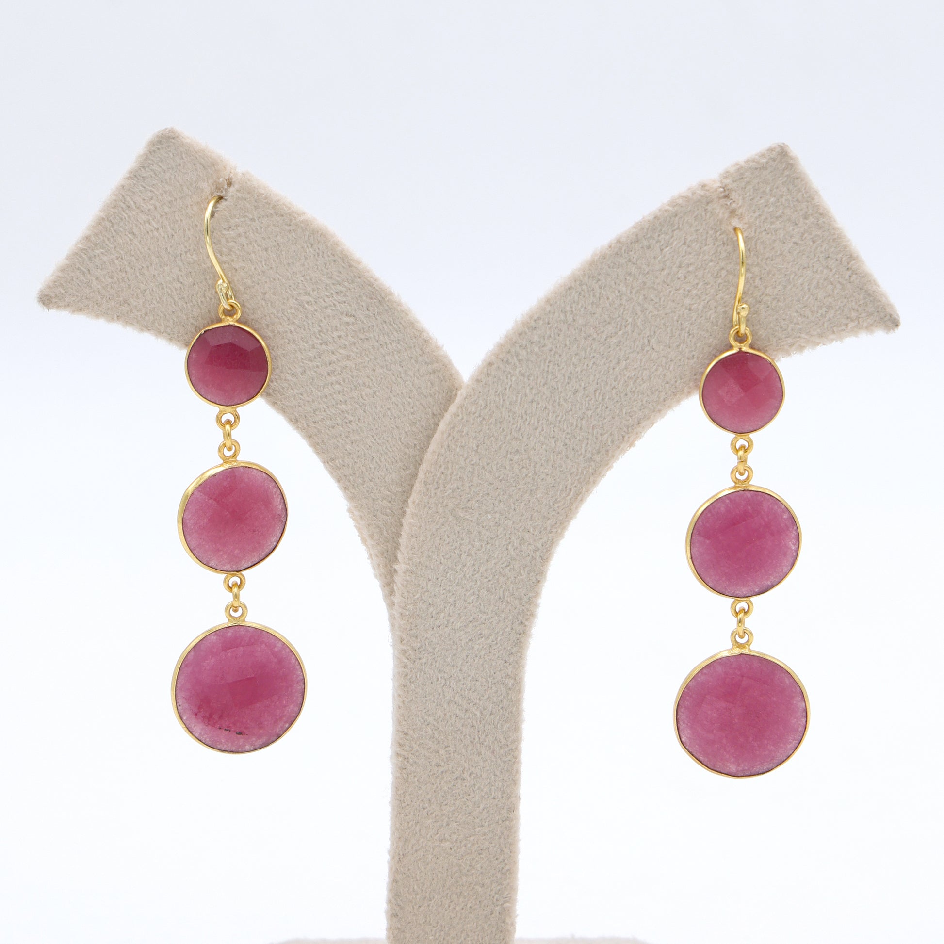 Dua Pink Jade Triple Earrings – Gold-Plated Handcrafted Jewelry - Dua Online