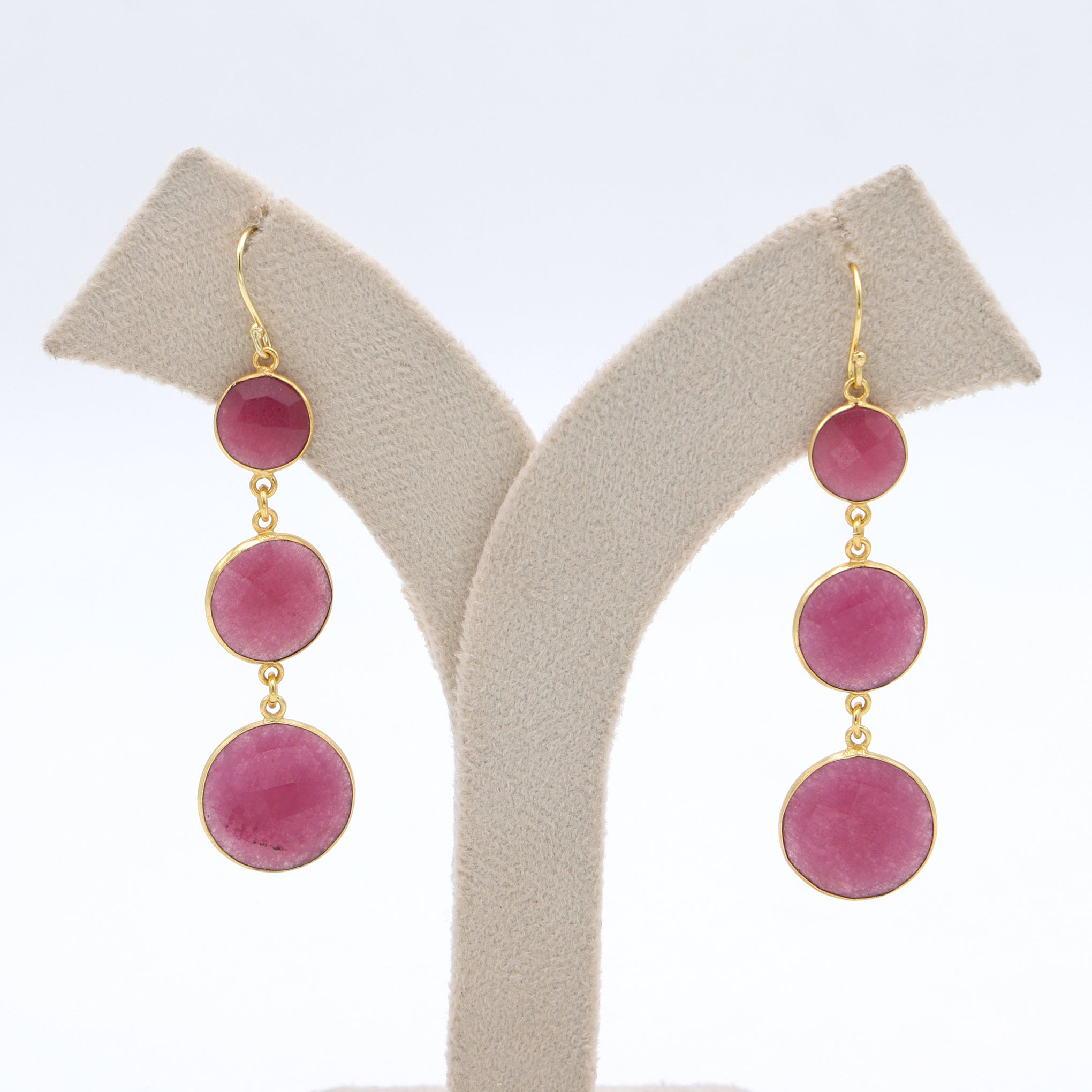 Dua Pink Jade Triple Earrings – Gold-Plated Handcrafted Jewelry - Dua Online