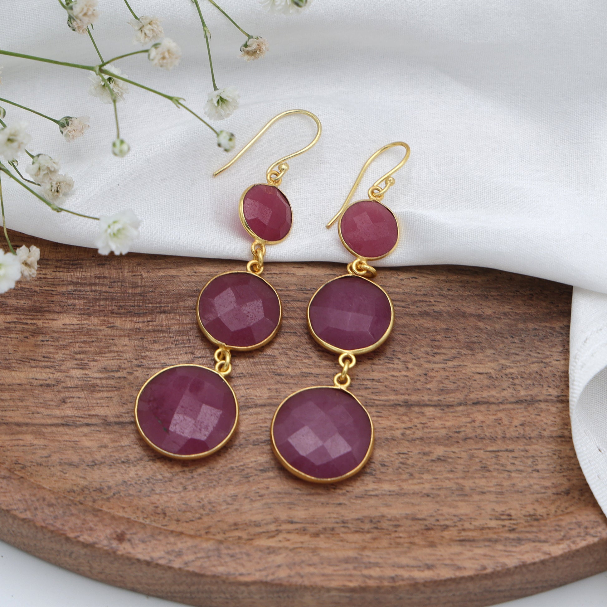 Dua Pink Jade Triple Earrings – Gold-Plated Handcrafted Jewelry - Dua Online