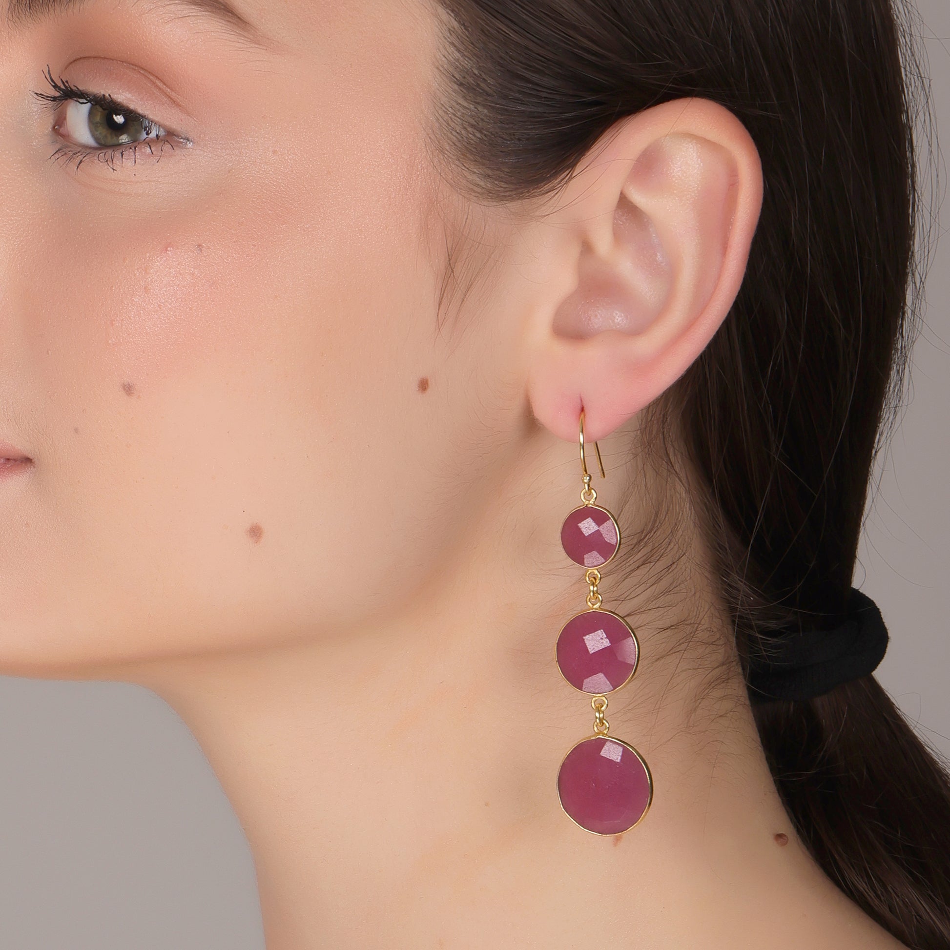 Dua Pink Jade Triple Earrings – Gold-Plated Handcrafted Jewelry - Dua Online