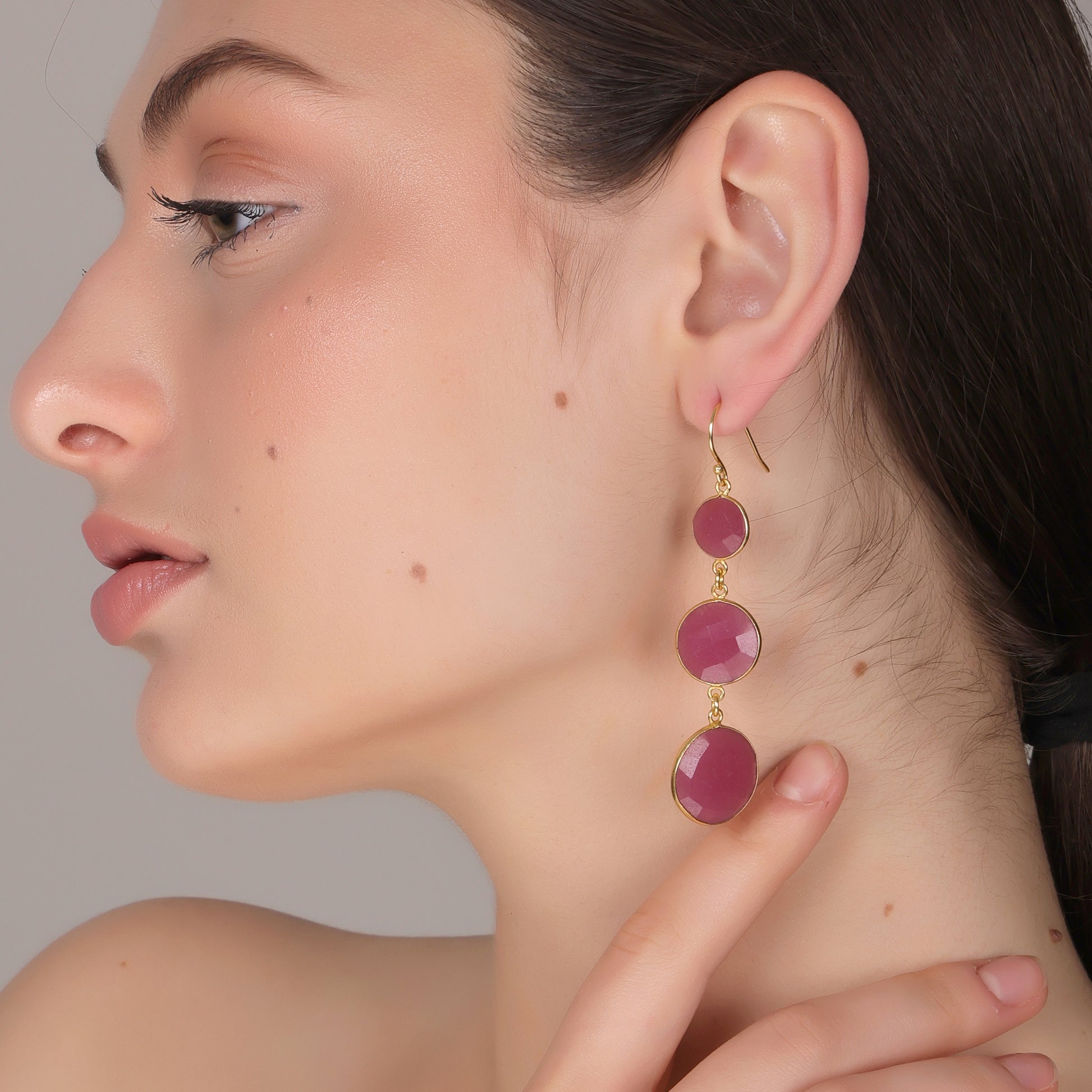 Dua Pink Jade Triple Earrings – Gold-Plated Handcrafted Jewelry - Dua Online