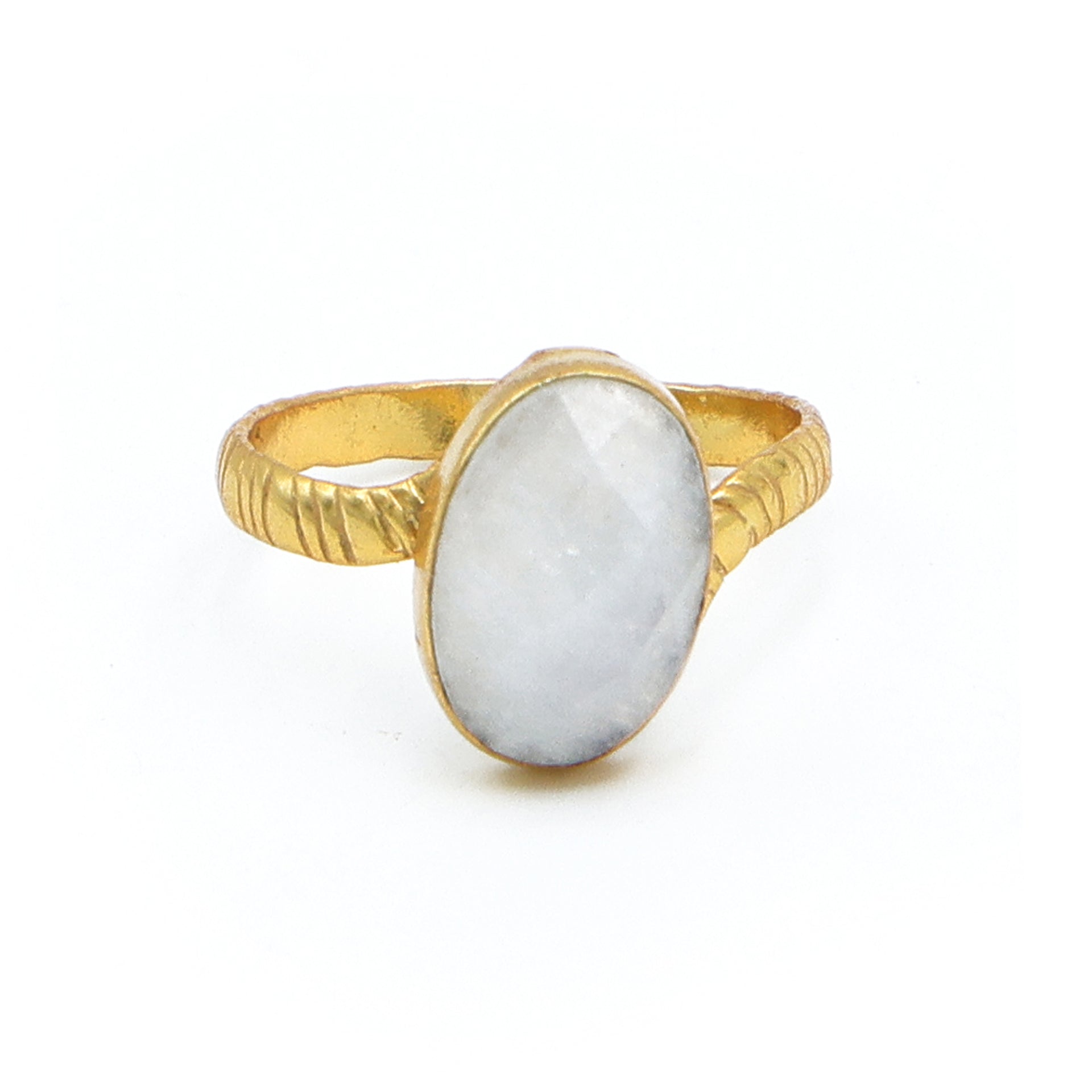 Dua Rainbow Moonstone Gold-Plated Adjustable Oval Ring – White Gemstone Jewelry for Women & Girls