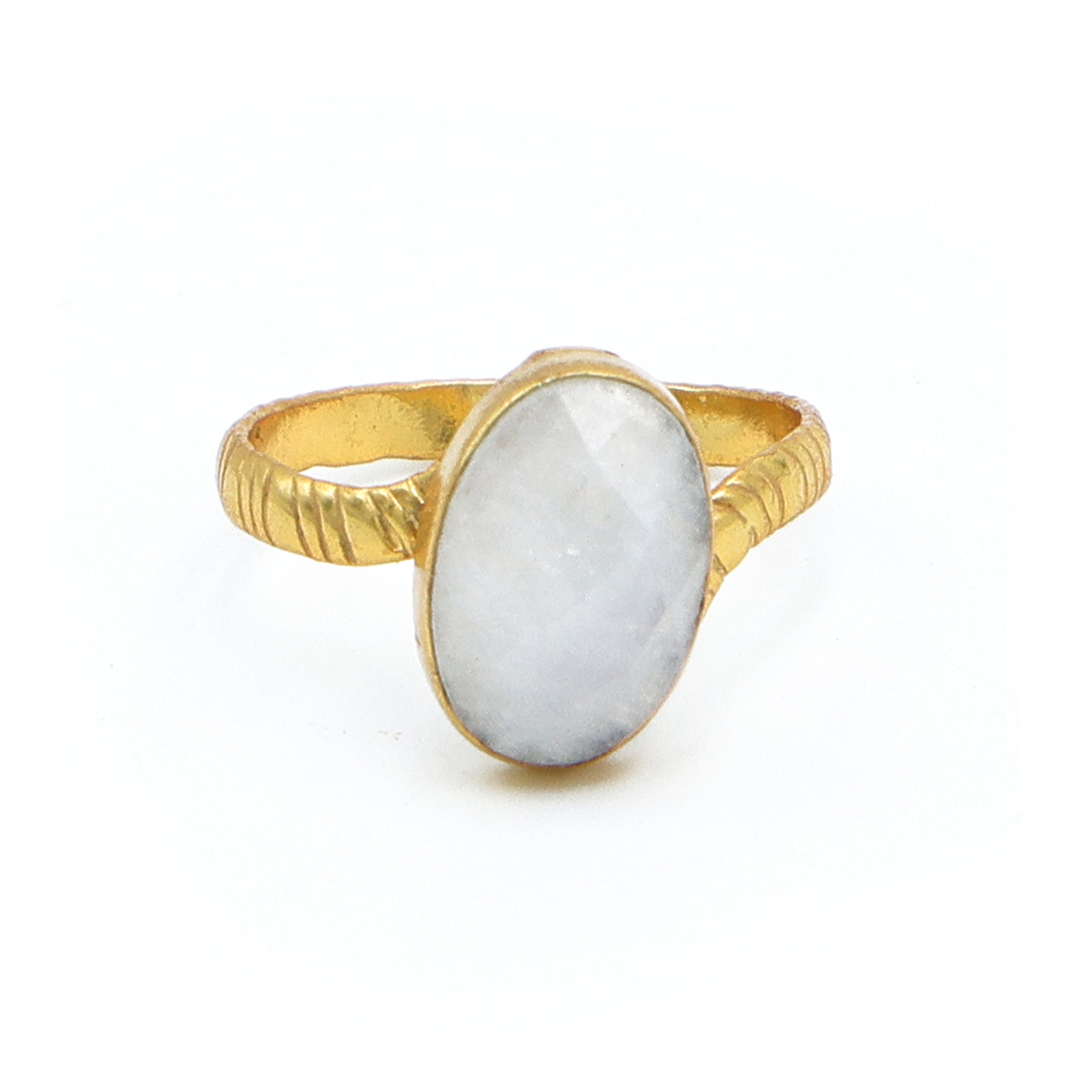 Dua Rainbow Moonstone Gold-Plated Adjustable Oval Ring – White Gemstone Jewelry for Women & Girls