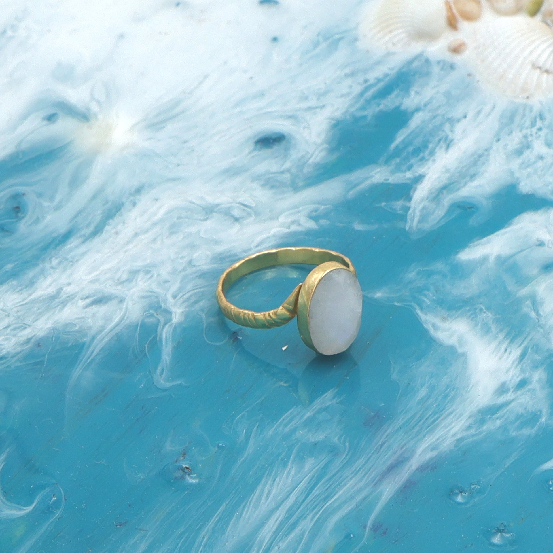 Dua Rainbow Moonstone Gold-Plated Adjustable Oval Ring – White Gemstone Jewelry for Women & Girls