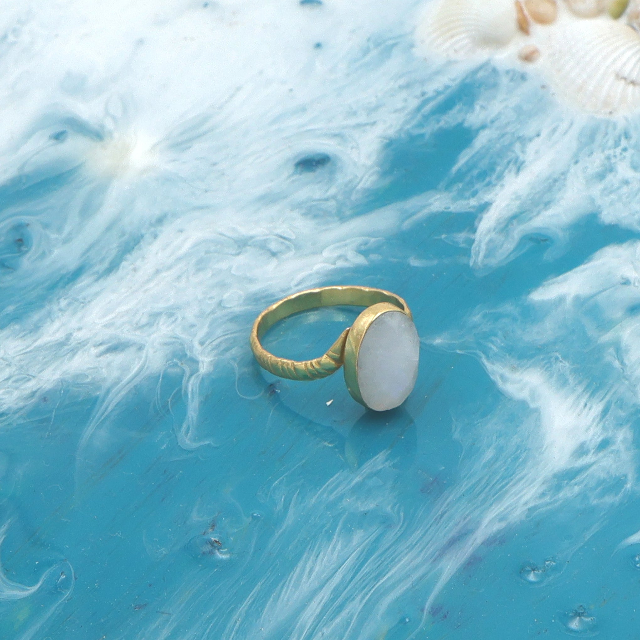 Dua Rainbow Moonstone Gold-Plated Adjustable Oval Ring – White Gemstone Jewelry for Women & Girls