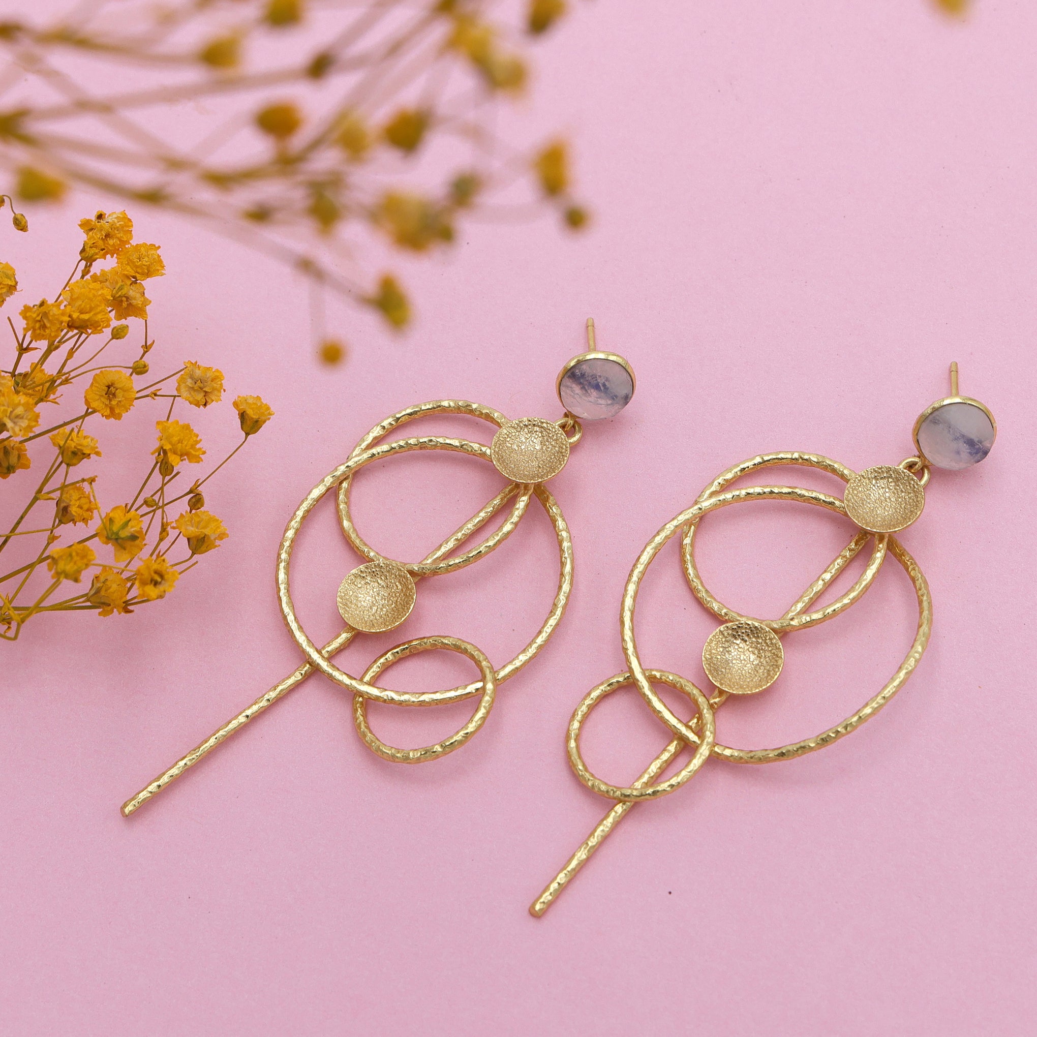 Dua Rainbow Moonstone Gold-Plated Drop Earrings – Ethereal Handcrafted Statement Jewelry