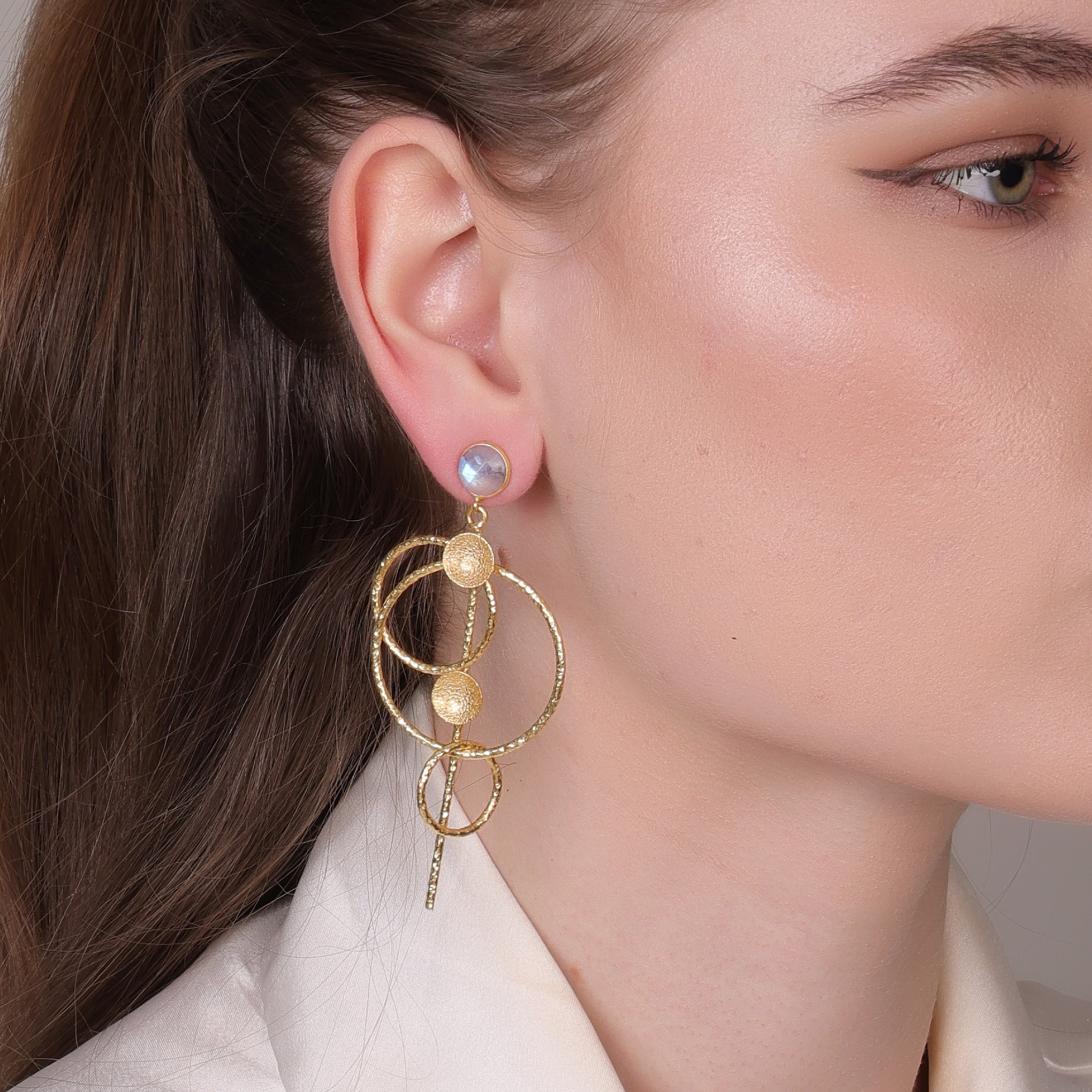Dua Rainbow Moonstone Gold-Plated Drop Earrings – Ethereal Handcrafted Statement Jewelry