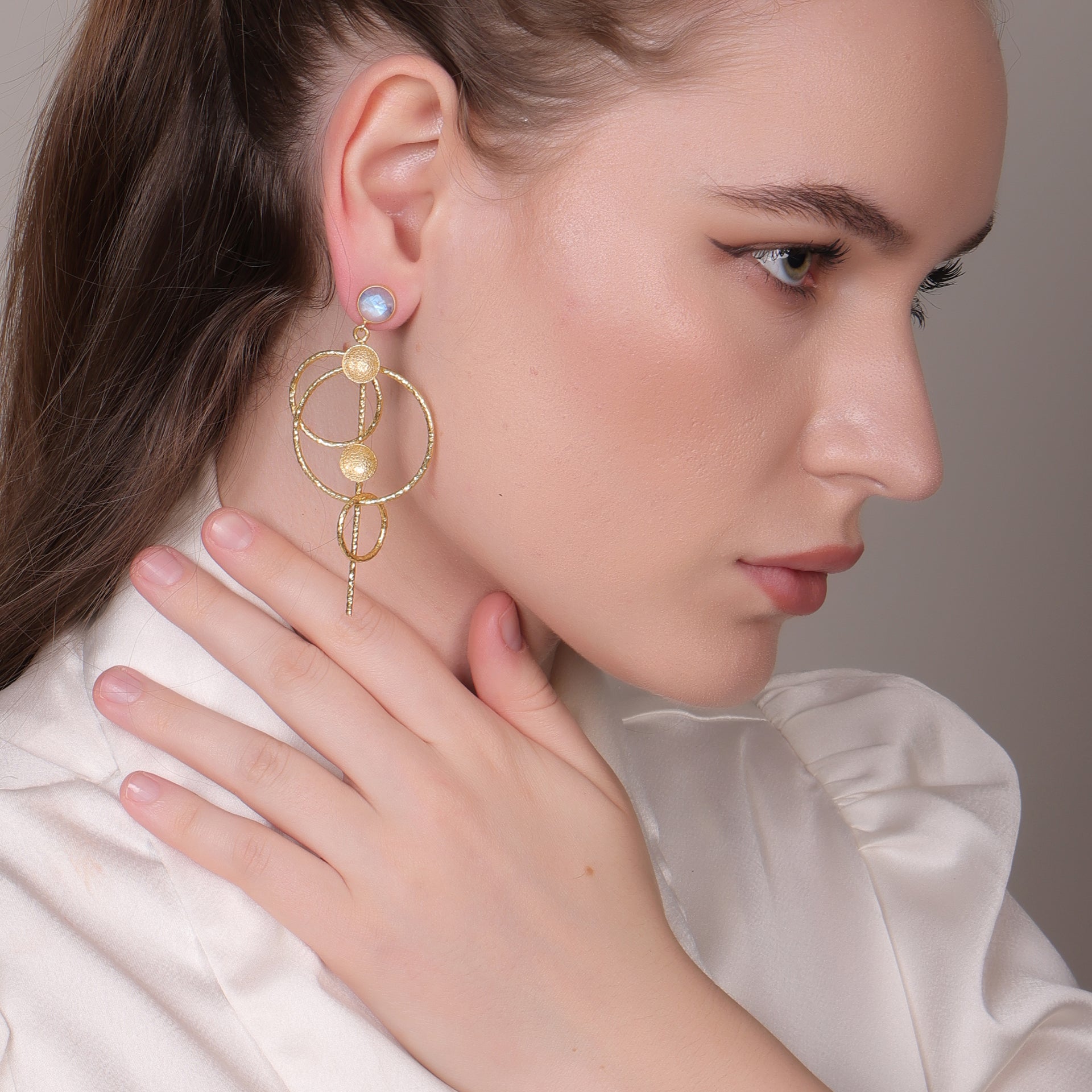Dua Rainbow Moonstone Gold-Plated Drop Earrings – Ethereal Handcrafted Statement Jewelry