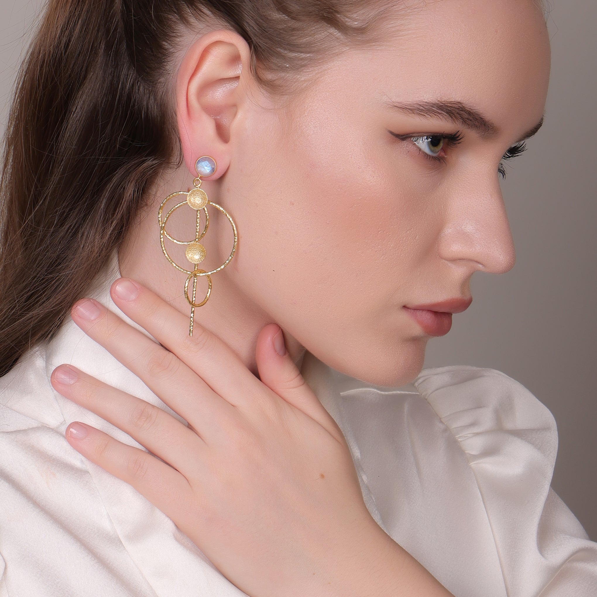 Dua Rainbow Moonstone Gold-Plated Drop Earrings – Ethereal Handcrafted Statement Jewelry