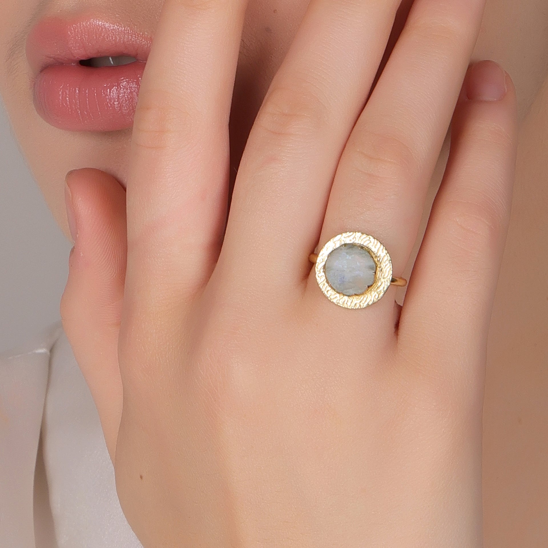 Dua Rainbow Moonstone Ring – Dazzling White Crystal Adjustable Gold-Plated Ring - Dua Online
