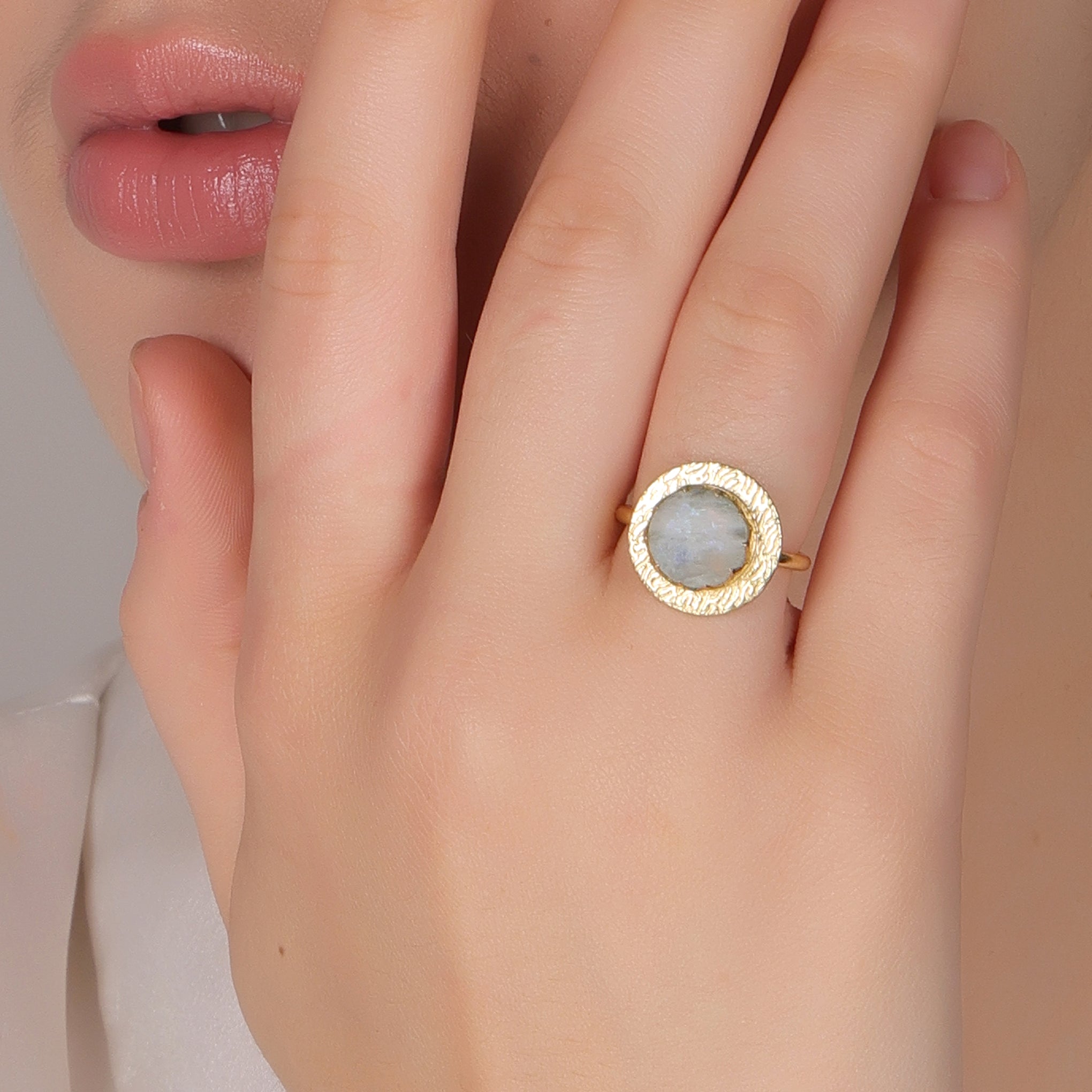Dua Rainbow Moonstone Ring – Dazzling White Crystal Adjustable Gold-Plated Ring - Dua Online