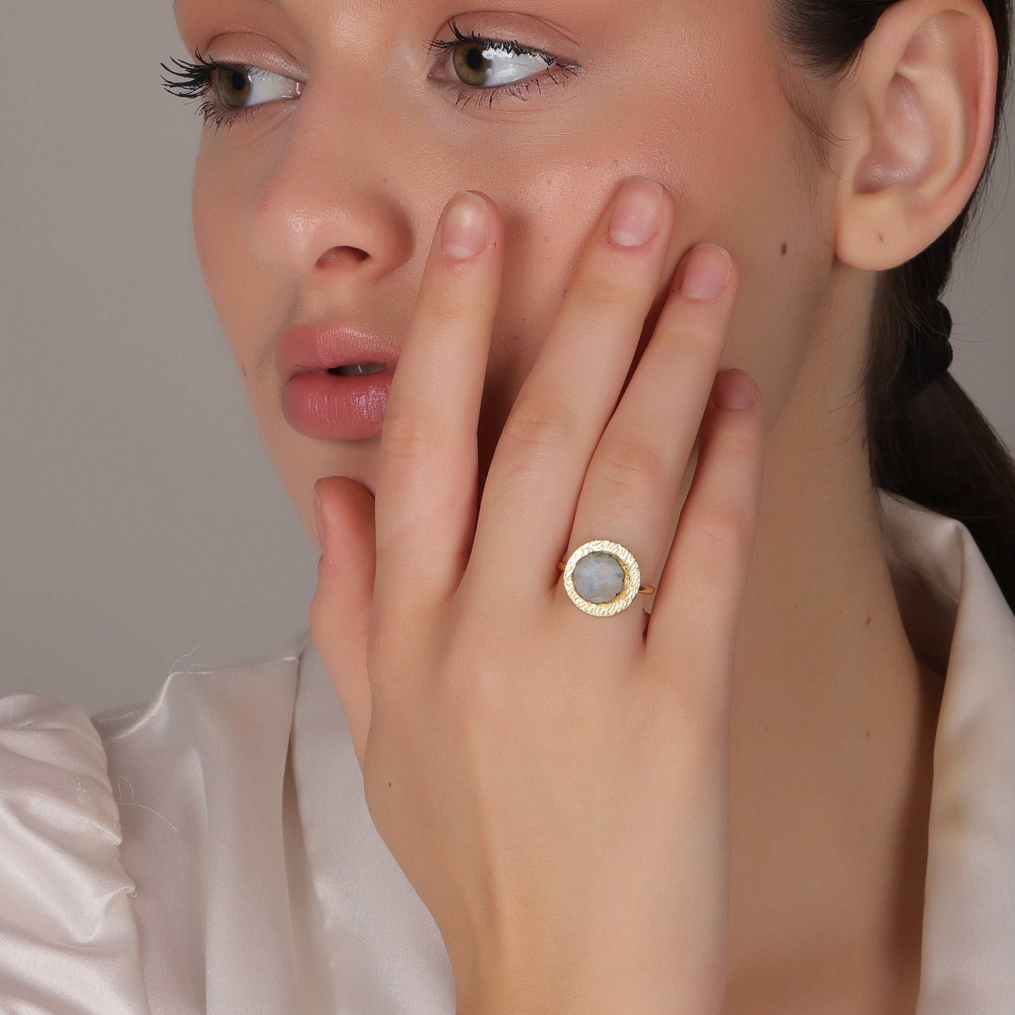Dua Rainbow Moonstone Ring – Dazzling White Crystal Adjustable Gold-Plated Ring - Dua Online