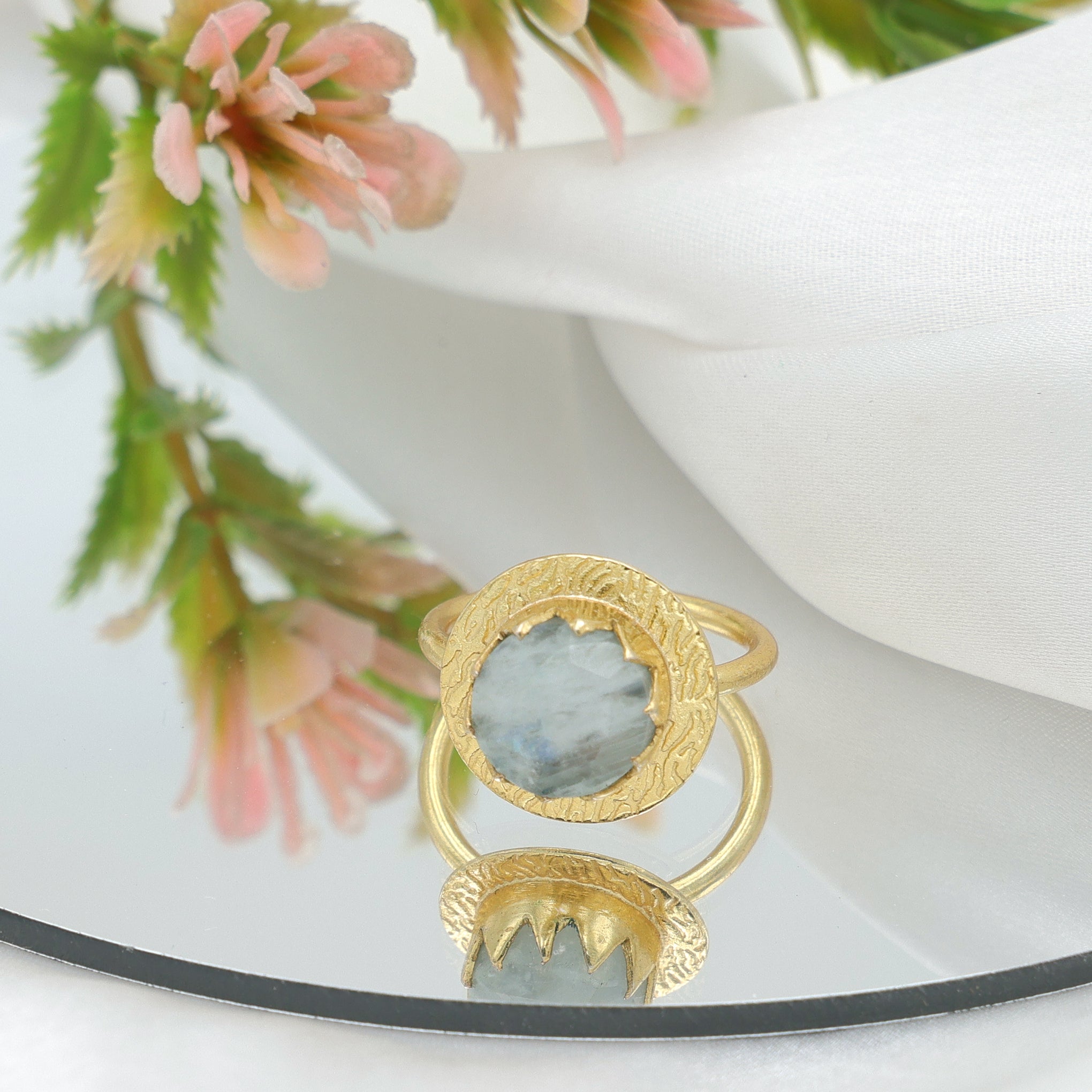 Dua Rainbow Moonstone Ring – Dazzling White Crystal Adjustable Gold-Plated Ring - Dua Online