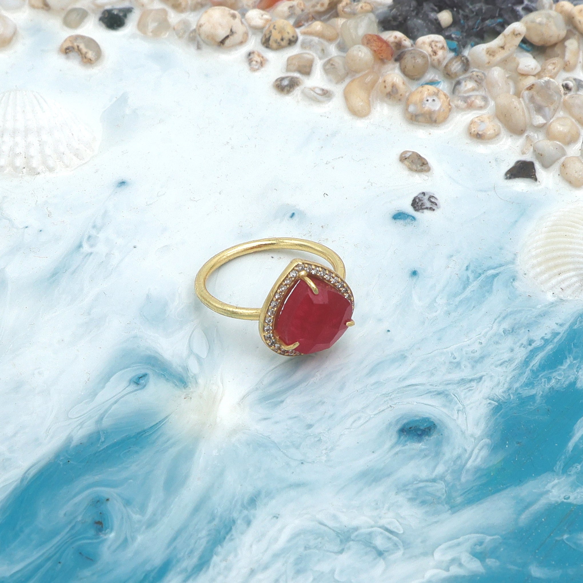 Dua Red Jade Gold-Plated Adjustable Heart Ring – Red Gemstone Romantic Statement Jewelry