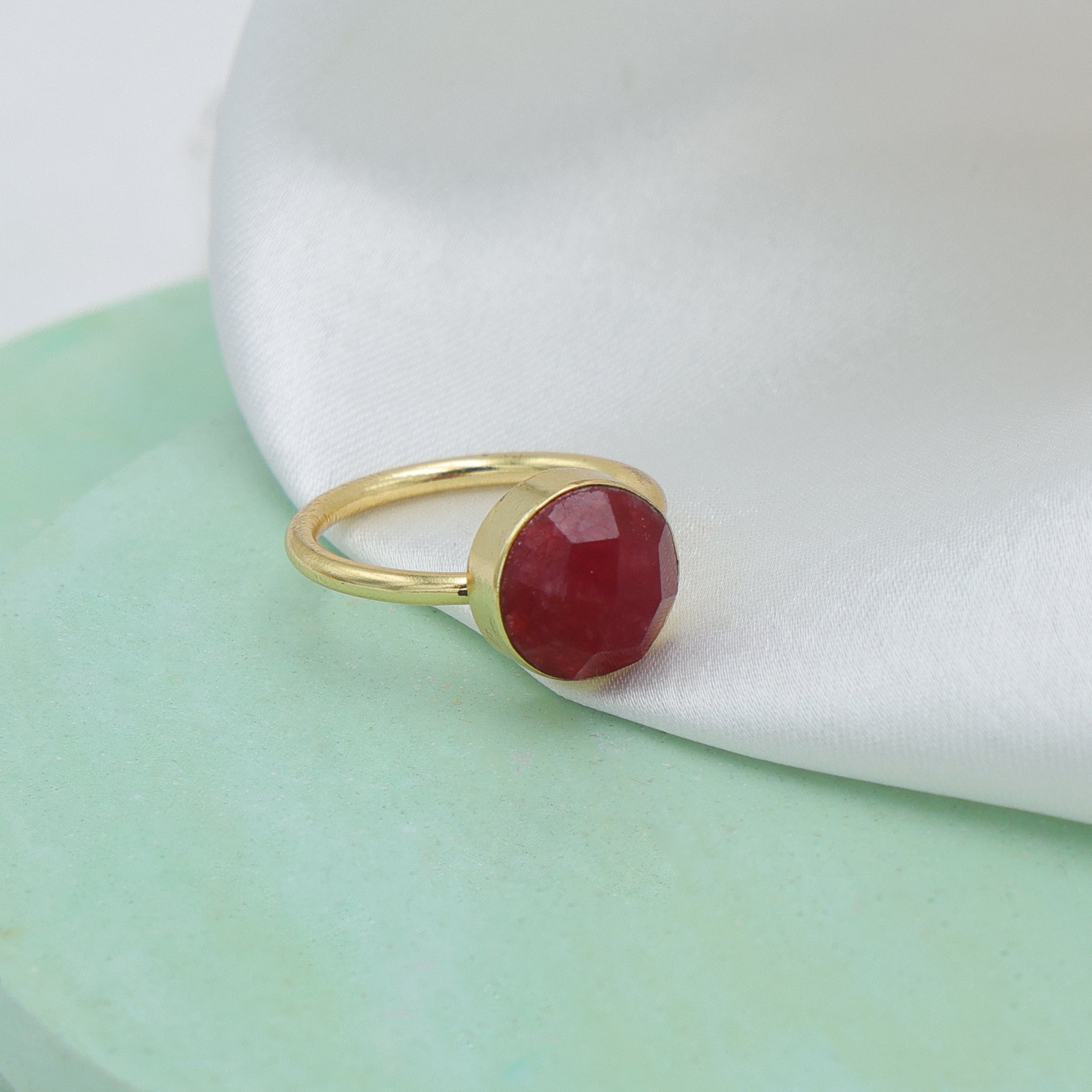 Dua Red Jade Round Ring – Handmade Gold-Plated Statement Jewelry - Dua Online