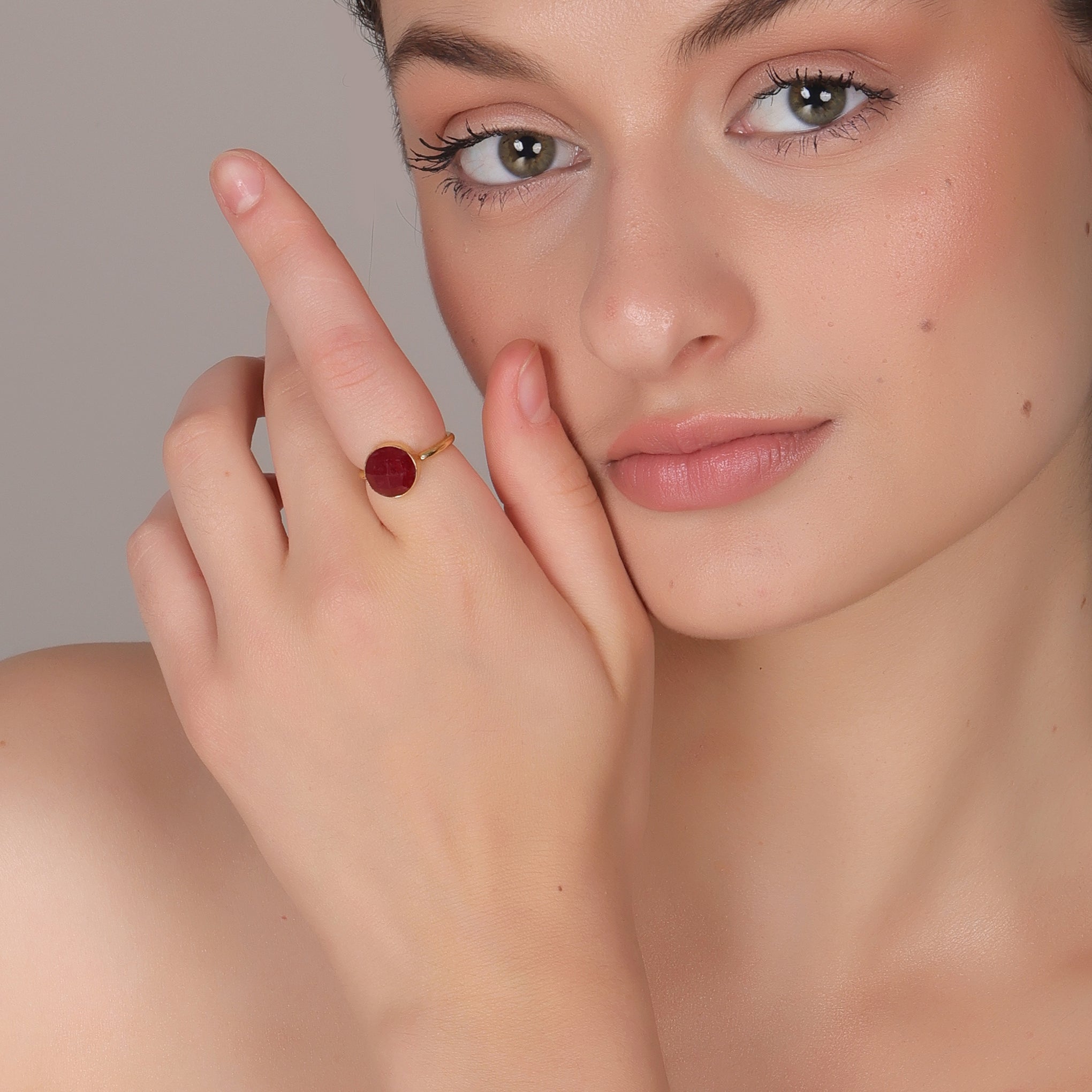 Dua Red Jade Round Ring – Handmade Gold-Plated Statement Jewelry - Dua Online