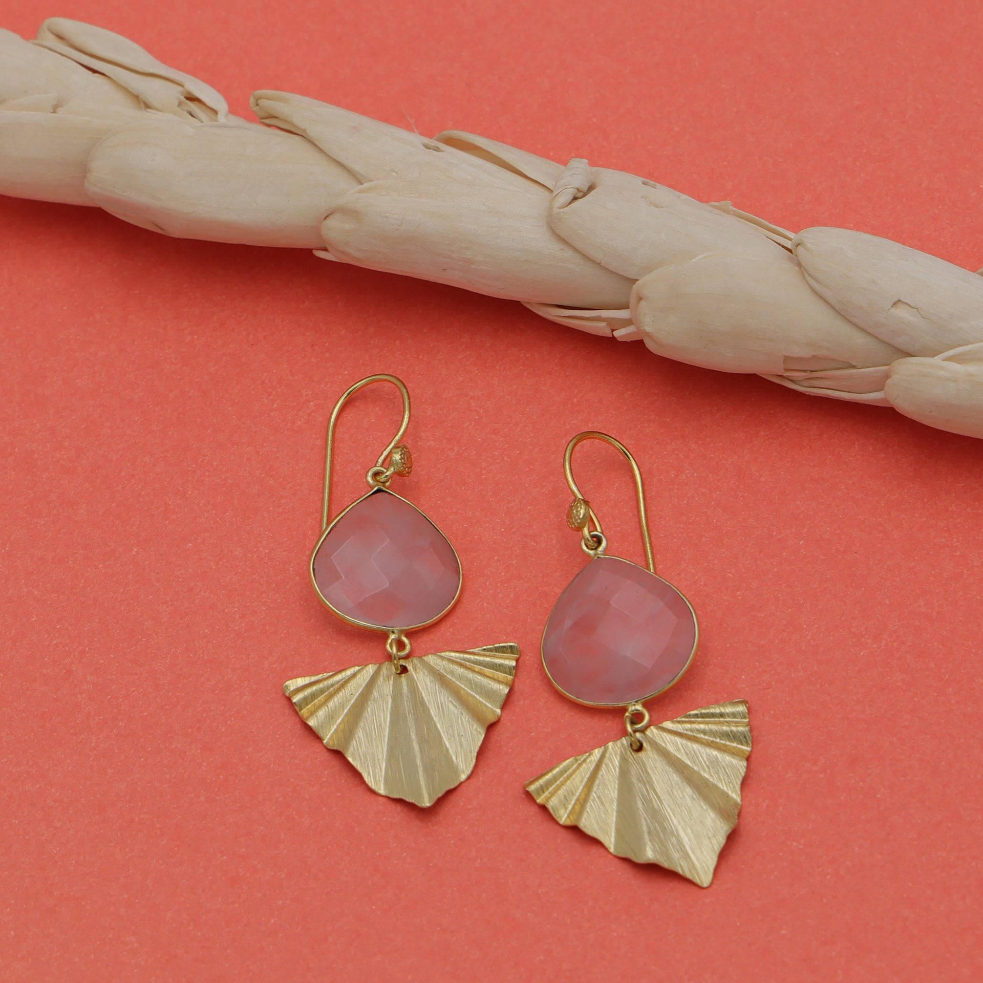 DuaRoseQuartzHeartEarringsHandmadeGoldPlatedMinimalistJewelry