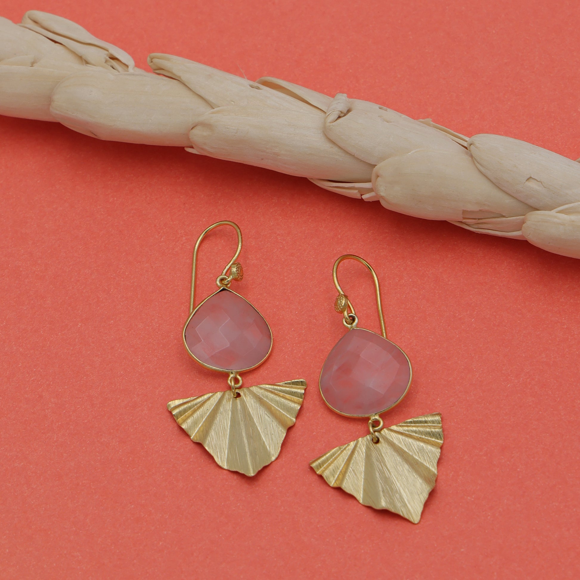 DuaRoseQuartzHeartEarringsHandmadeGoldPlatedMinimalistJewelry