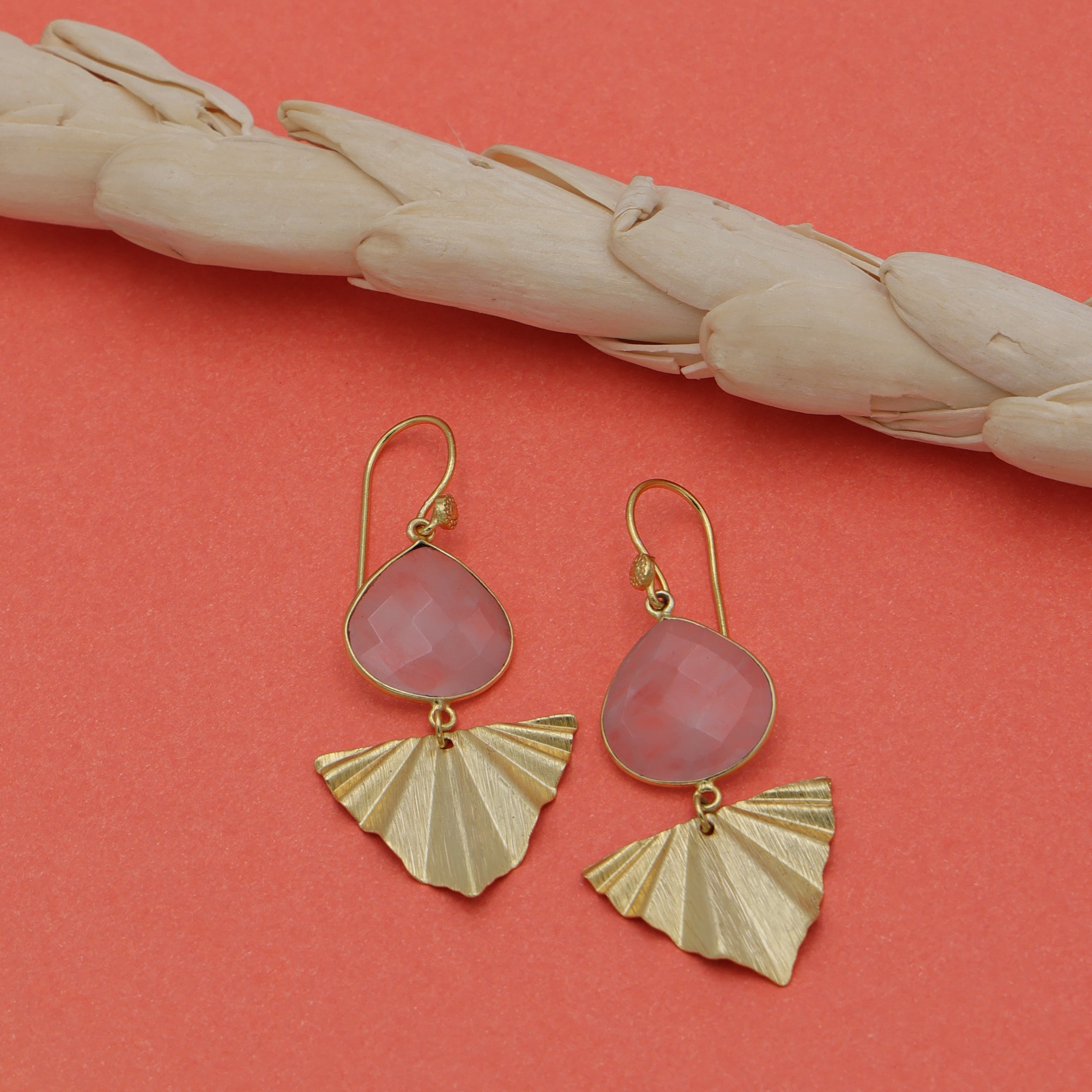 DuaRoseQuartzHeartEarringsHandmadeGoldPlatedMinimalistJewelry