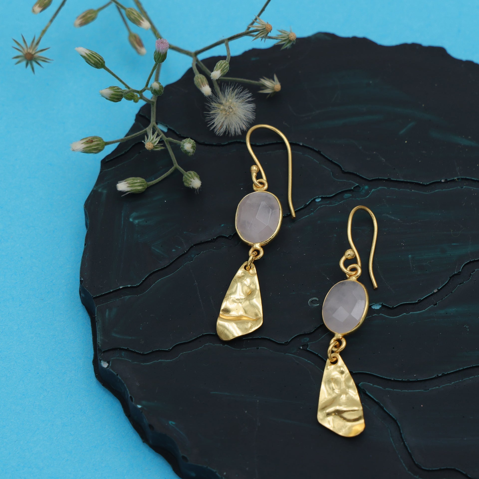 DuaRoseQuartzOvalEarrings_HandmadeGold-PlatedElegantJewelry