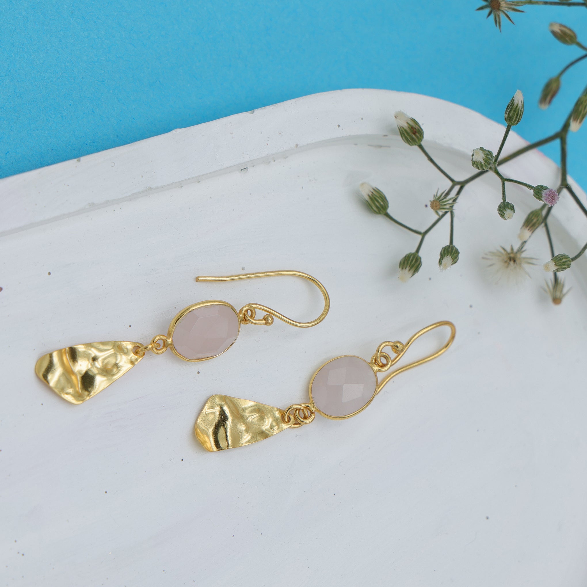 DuaRoseQuartzOvalEarrings_HandmadeGold-PlatedElegantJewelry