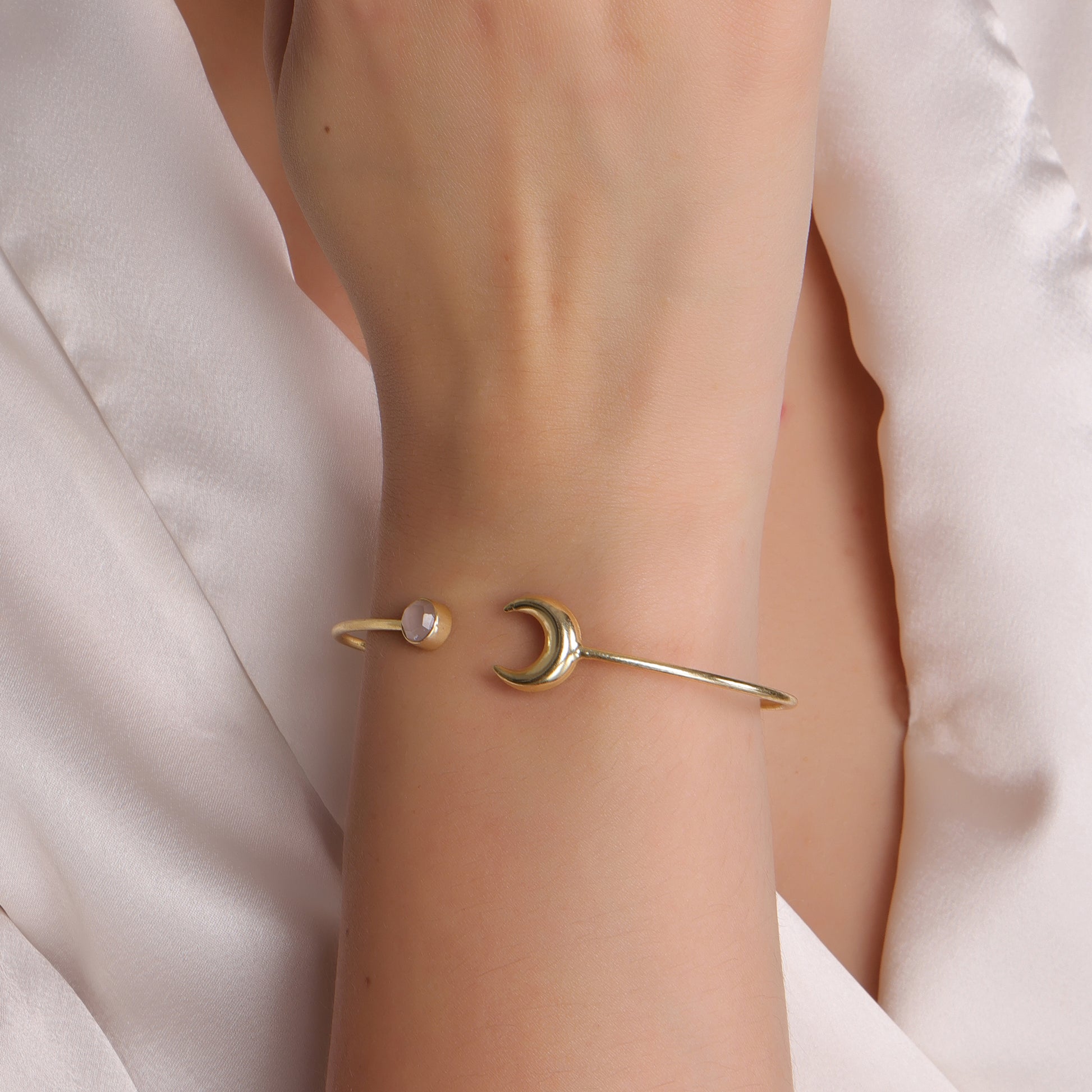 Dua Rose Quartz Pink Gold-Plated Moon Bangle – Feminine & Stylish Gemstone Jewelry - Dua Online