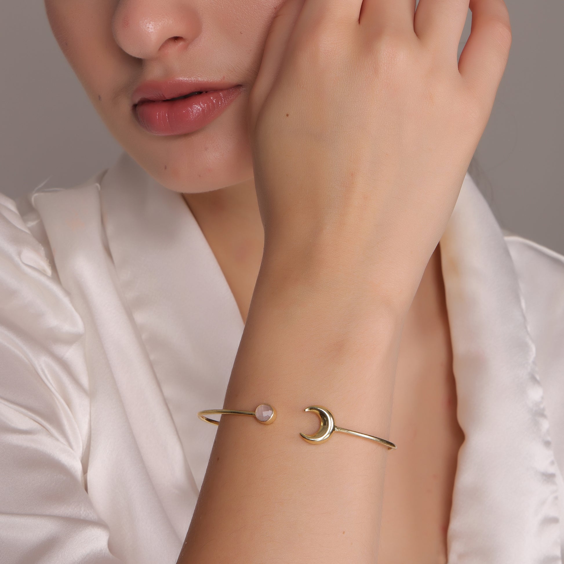 Dua Rose Quartz Pink Gold-Plated Moon Bangle – Feminine & Stylish Gemstone Jewelry - Dua Online