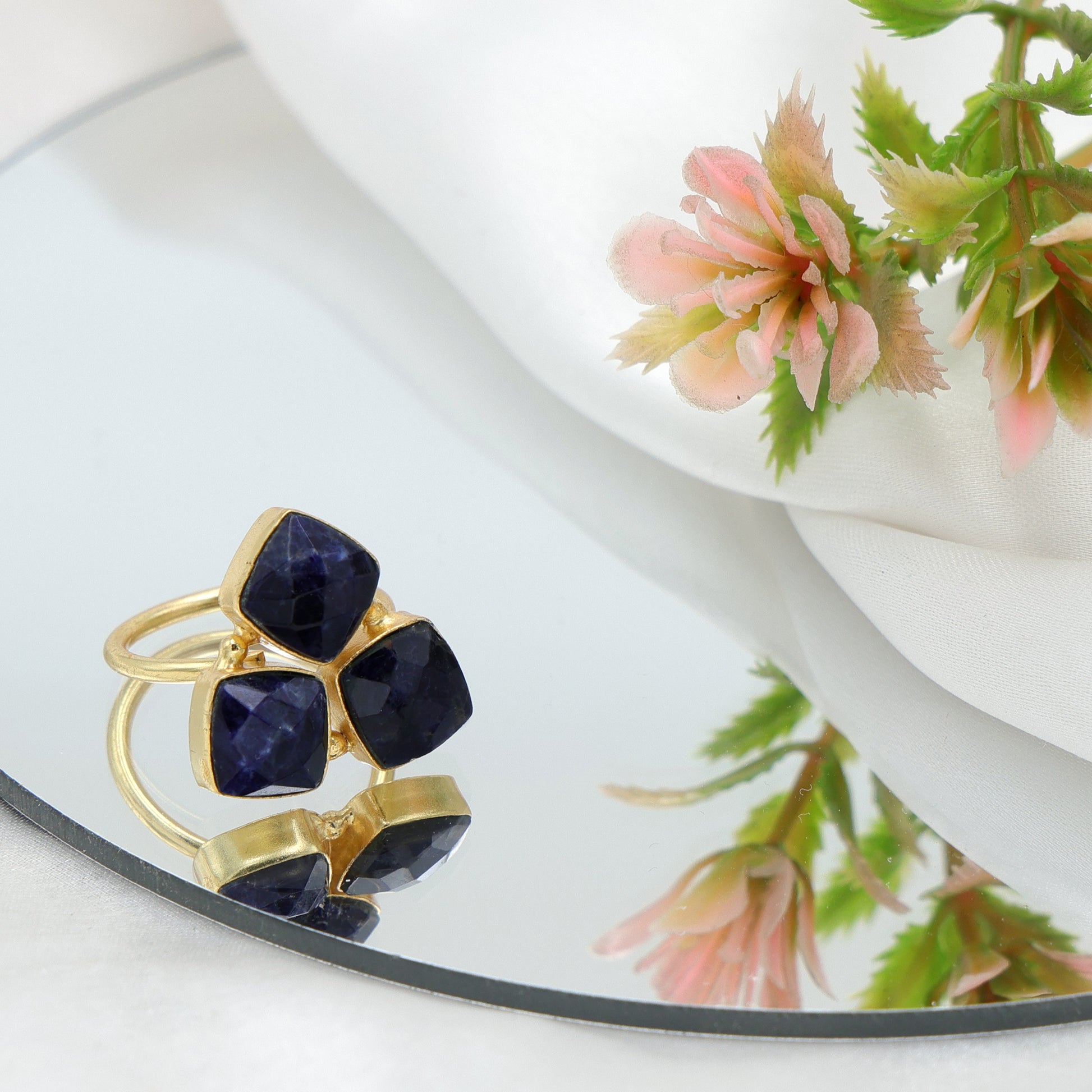 Dua Sodalite Triple Ring – Bold Blue Gemstone Adjustable Gold Statement Jewelry - Dua Online