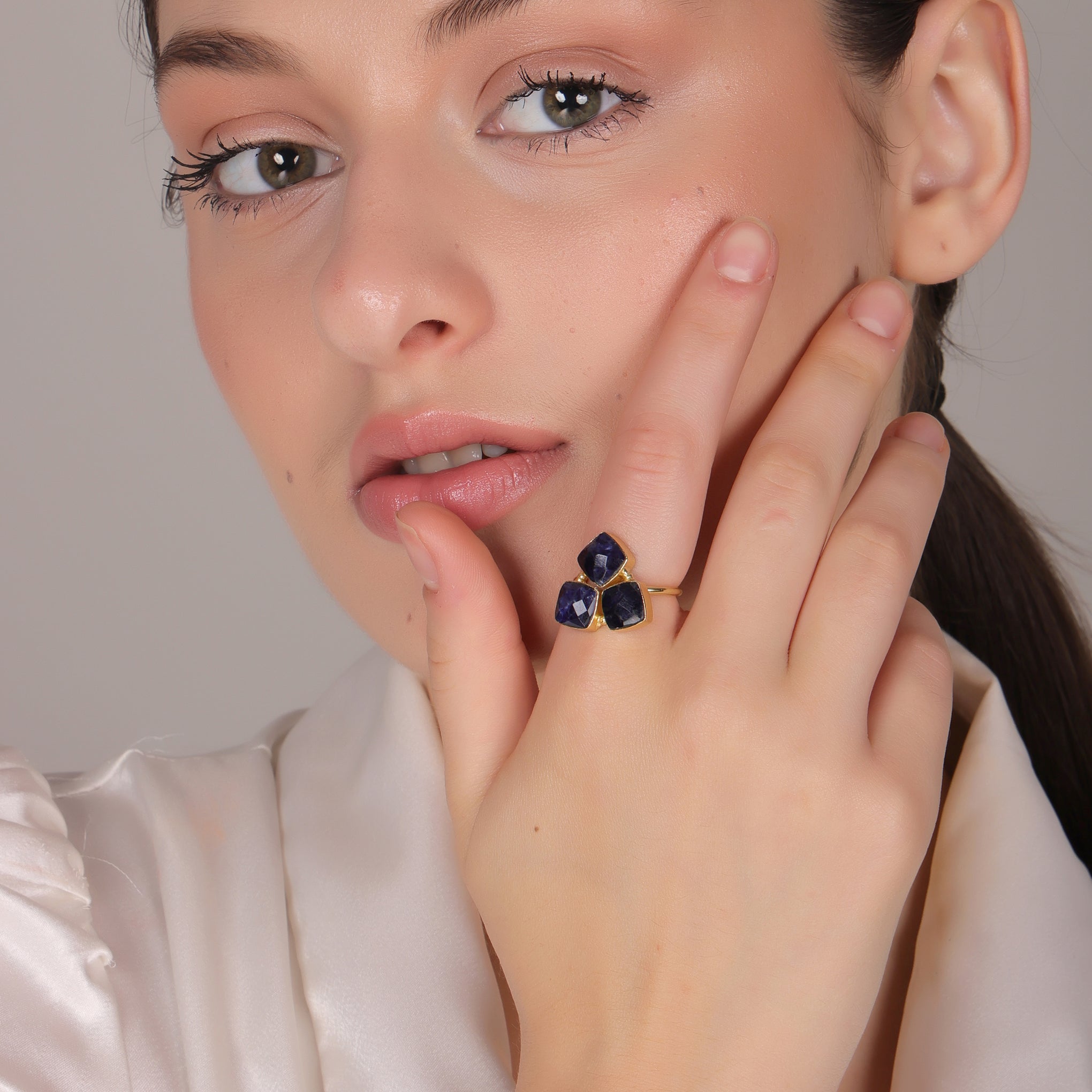 Dua Sodalite Triple Ring – Bold Blue Gemstone Adjustable Gold Statement Jewelry - Dua Online