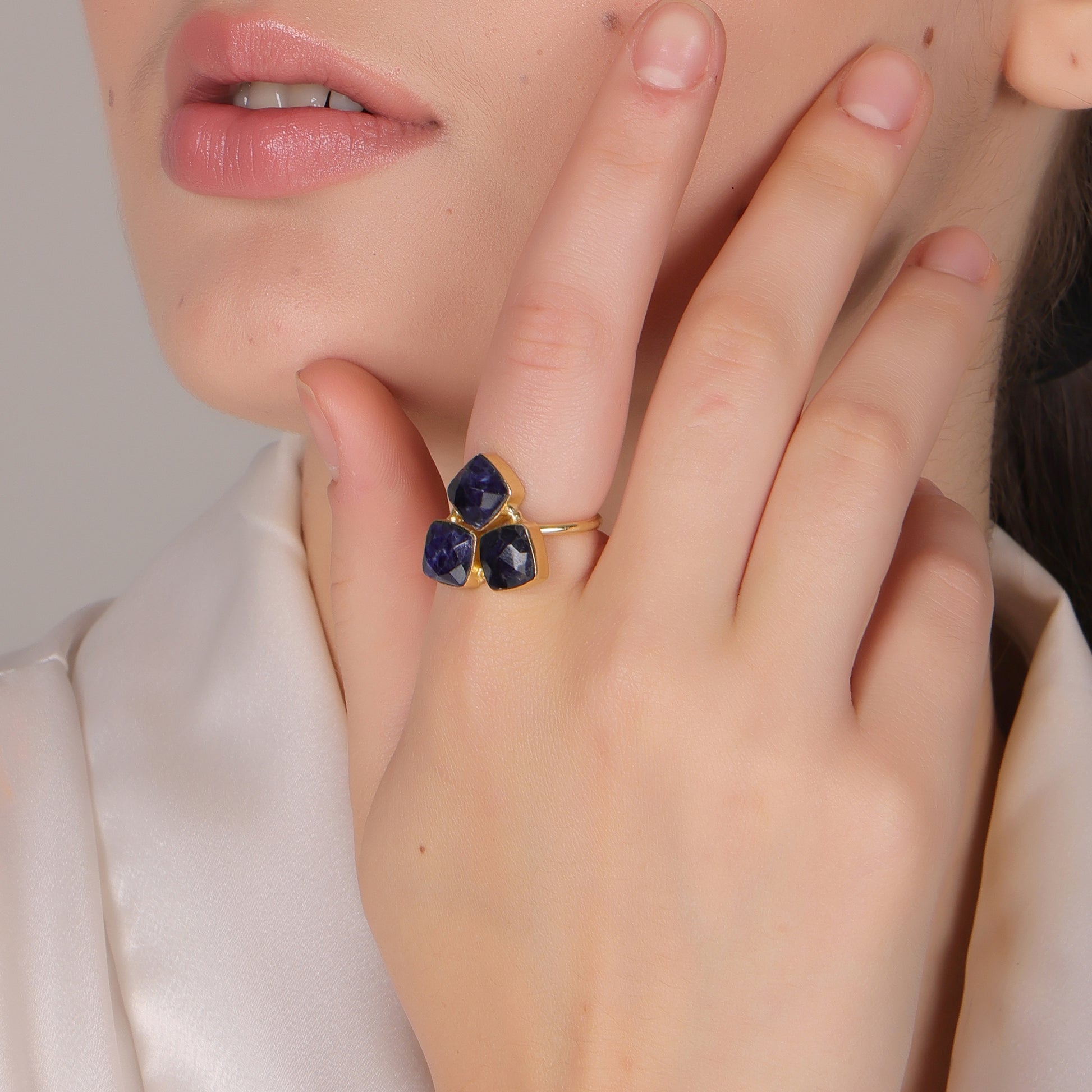Dua Sodalite Triple Ring – Bold Blue Gemstone Adjustable Gold Statement Jewelry - Dua Online