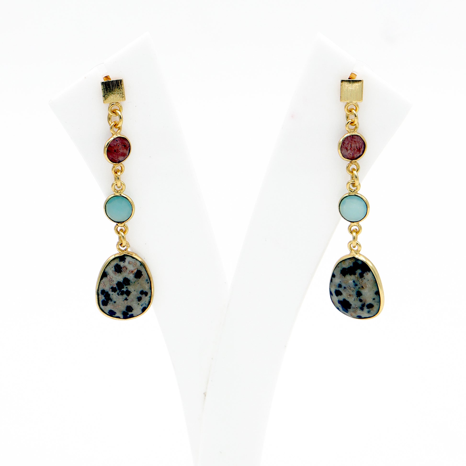 DuaStrawberryBlueChalcedonyDalmatianJasperEarrings_HandcraftedGold-PlatedUniqueJewelry